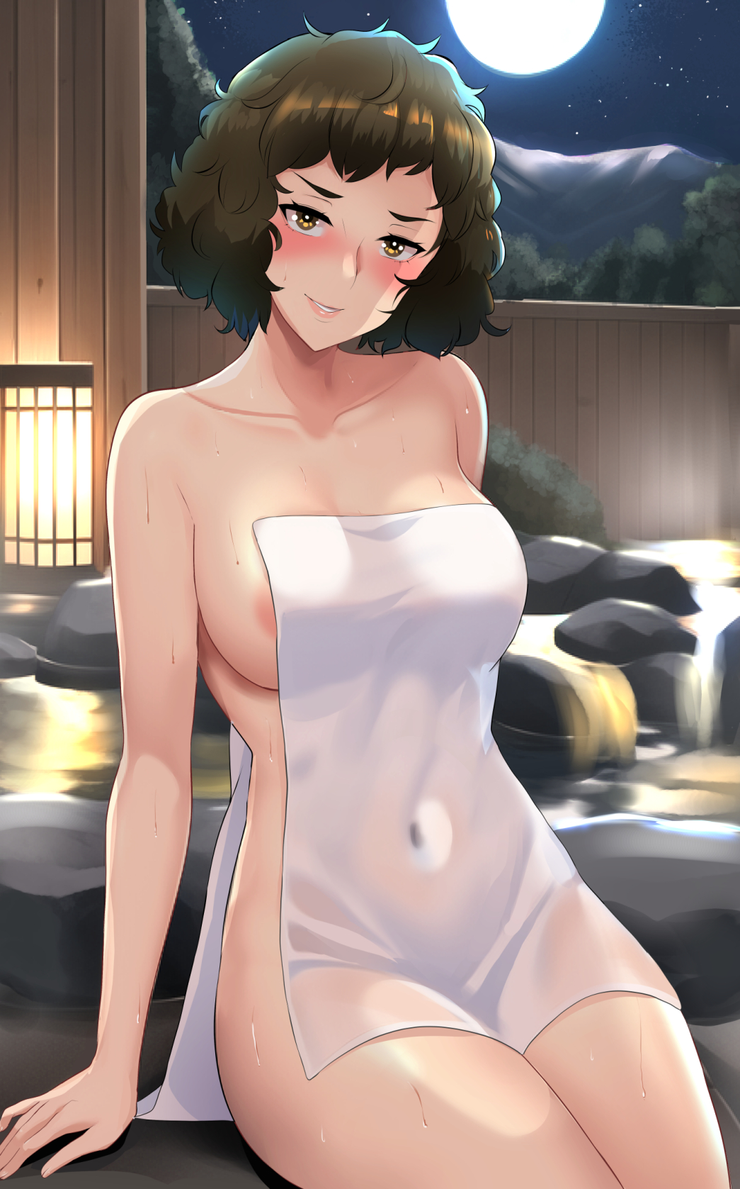 1girls, areola slip, atlus, bare shoulders, big breasts, black hair, blush, breasts, brown eyes, brown hair, collarbone, covered navel, curly hair, english commentary, female, female only, grin, highres, hips, hot spring, lainart, large breasts, light skin, light-skinned female, looking at viewer, medium breasts, megami tensei, moon, mostly nude, naked towel, naughty face, night, night sky, onsen, parted lips, persona, persona 5, practically nude, sadayo kawakami, short hair, sitting, sky, slim waist, smile, solo, star (sky), starry sky, thick thighs, thighs, towel, towel only, water, wet, wide hips