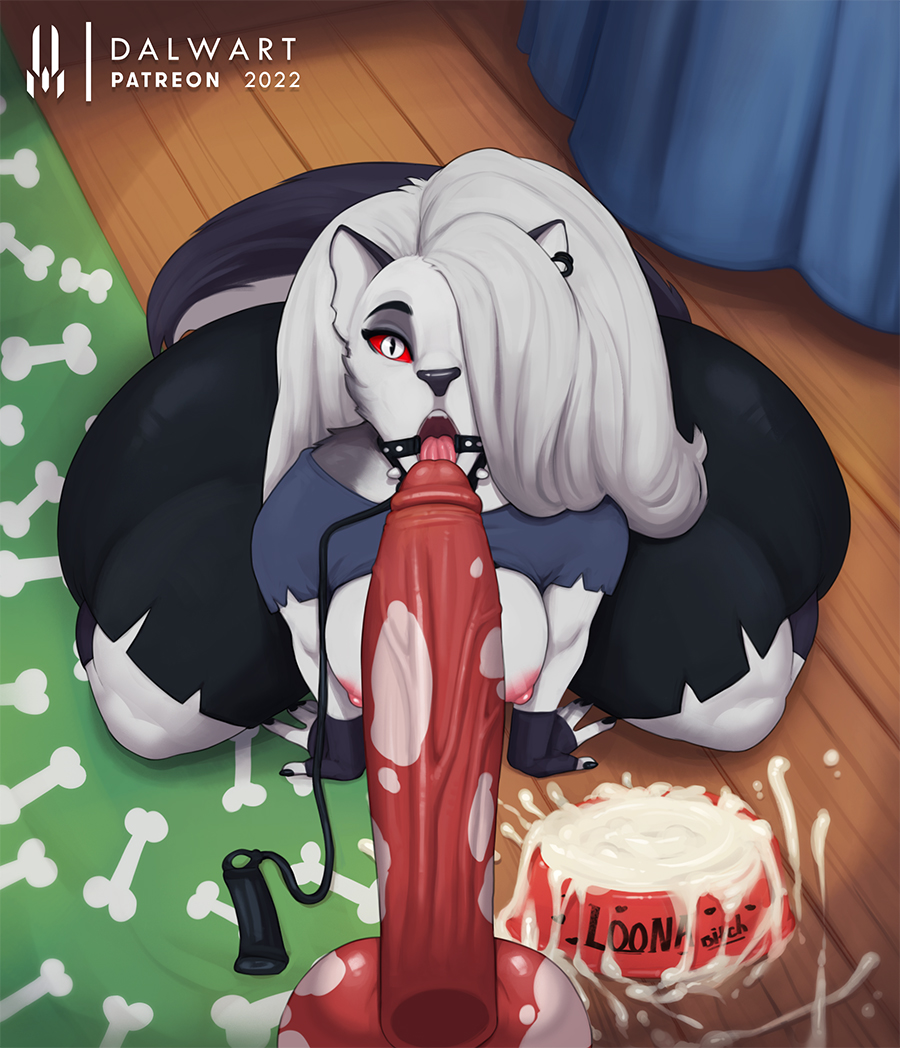 2022, anthro, areola, ass, balls, big areola, big ass, big balls, big breasts, big butt, big penis, bird legs, black body, black fur, blitzo (helluva boss), bodily fluids, bottomwear, bowl, breasts, canid, canid demon, clothed, clothing, clothing lift, collar, container, cum, cum in bowl, cum in container, dalwart, demon, digital drawing (artwork), digital media (artwork), disembodied penis, duo, ear piercing, ear ring, female, first person view, fur, gag, genital fluids, genitals, gloves, hair, hand on floor, hands on floor, handwear, hellhound, helluva boss, huge ass, huge balls, huge breasts, huge butt, huge cock, hyper, hyper ass, hyper butt, hyper genitalia, hyper penis, kneeling, leash, leash and collar, long hair, long penis, long tail, looking at viewer, loona (helluva boss), male, mammal, multicolored body, multicolored fur, nipples, on ground, one eye closed, open mouth, oral invitation, penis, piercing, pupils, red sclera, ring piercing, shirt, shirt lift, shorts, slit pupils, solo, spiked collar, spikes, t-shirt, teeth, thick thighs, tongue, tongue out, topwear, white body, white eyes, white fur, white hair, wide hips
