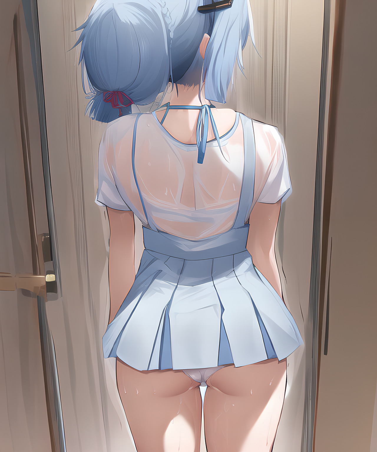 ai generated, alternate costume, ass, blue hair, bra, door, female, from behind, genshin impact, hair ornament, hair ribbon, hairclip, kamisato ayaka, long hair, nai diffusion, panties, pantyshot, ponytail, ribbon, school uniform, see-through, see-through shirt, shiny, shiny hair, shiny skin, skirt, solo, stable diffusion, underwear, wet, wet clothes, wet hair, wet skin