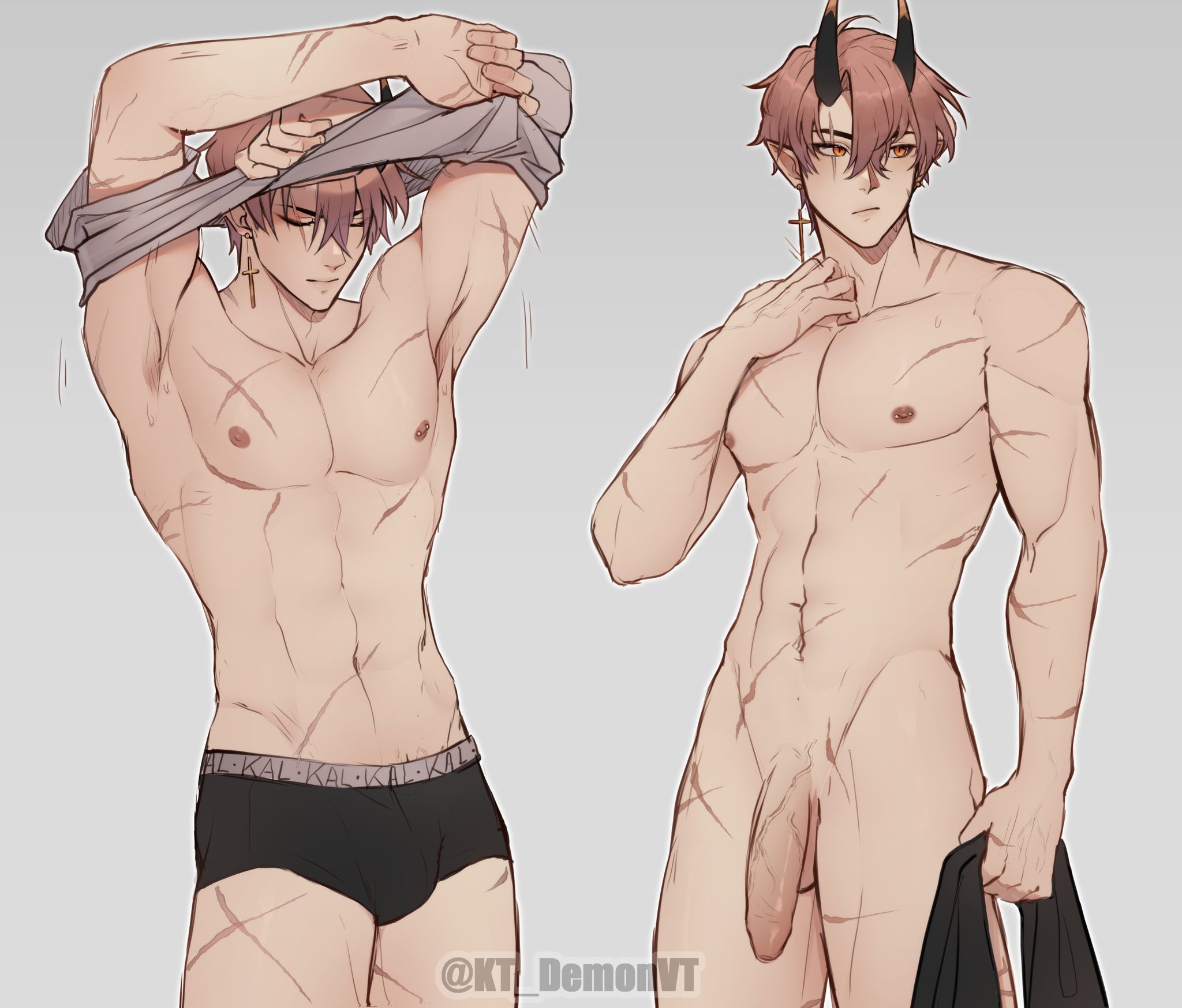 1boy, abs, adonis belt, armpits, arms up, artist signature, bishonen, bottomless, briefs, briefs only, bulge, bulge through clothing, collage, cross earrings, demon, demon boy, demon horns, ear piercing, earrings, eye scar, fit, fit male, horns, incubus, kal tv, male, male only, motion lines, muscular, muscular male, naked, nipple piercing, nipples, orange eyes, original, original character, penis, piercing, pink hair, scars, shirtless, topless, twunk, underwear, underwear only, undressing