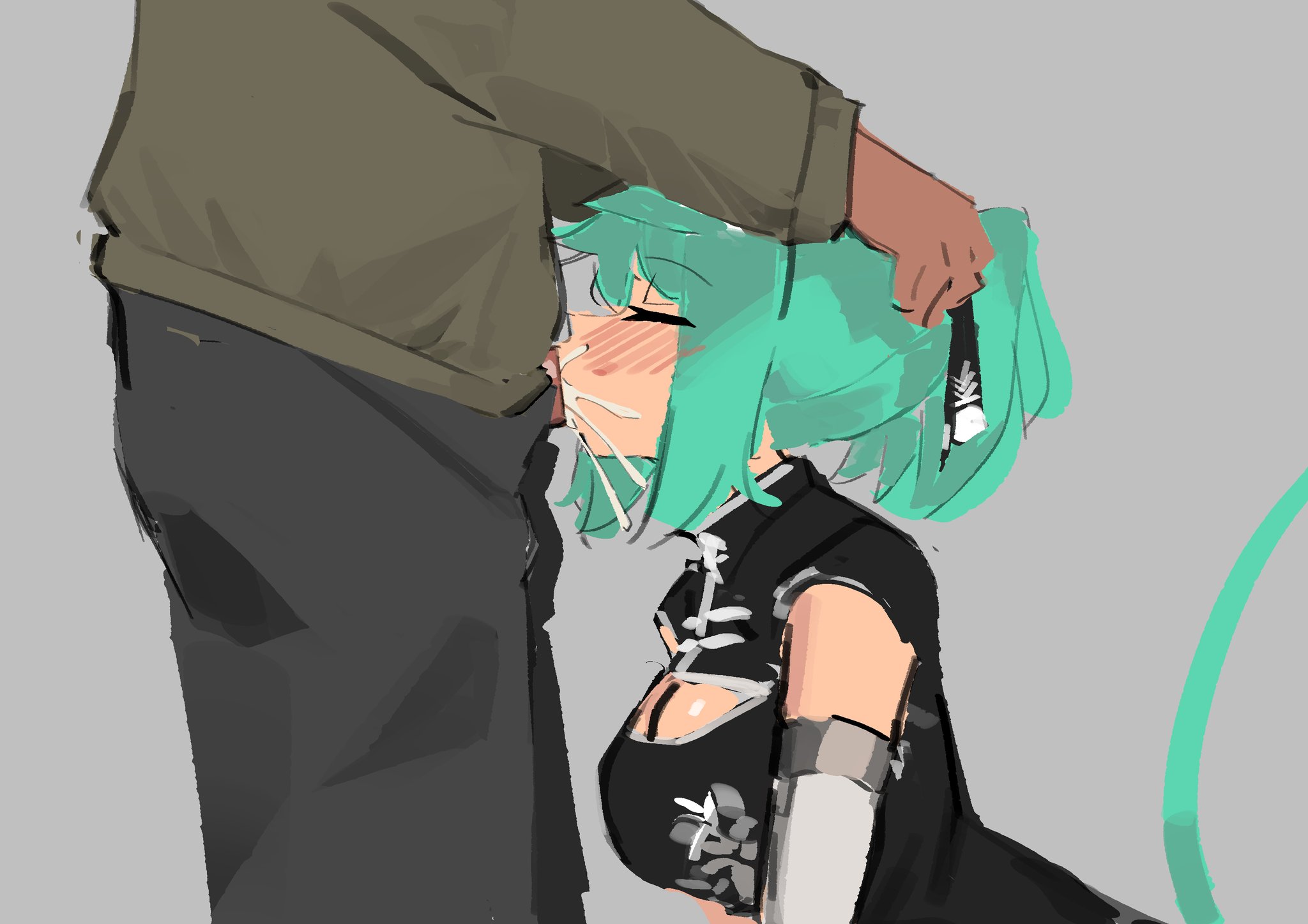 1boy, 1girls, animal ears, aqua hair, banana batter, cat ears, cat girl, cat tail, catgirl, chinese clothes, closed eyes, cum, cum in mouth, cum in throat, cute, cybernetic arm, deepthroat, dress, eyes closed, fellatio, female, fringe, grabbing hair, green hair, hair ornament, head grab, kneeling, male, medium hair, no gag reflex, on knees, oral, oral sex, original, petite, pink eyes, prostitution, purple eyes, teal hair, teenager