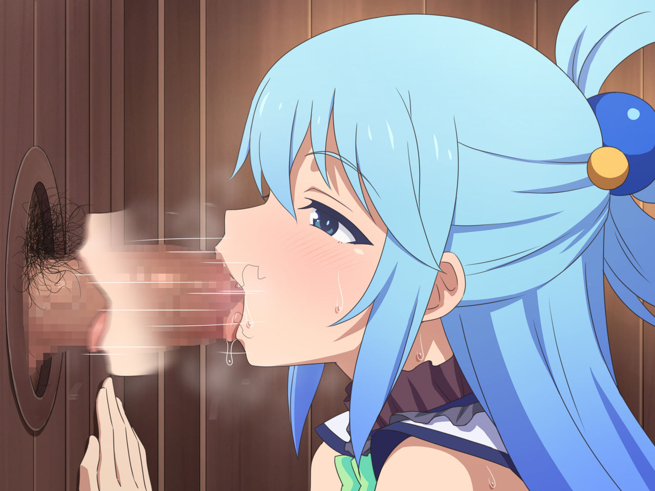 1boy 1girls aqua_(konosuba) blowjob blue_hair censored confession_booth fellatio glory_hole kono_subarashii_sekai_ni_shukufuku_wo! oral penis pubic_hair pubic_hair_in_mouth stray_pubic_hair tedain tongue_out