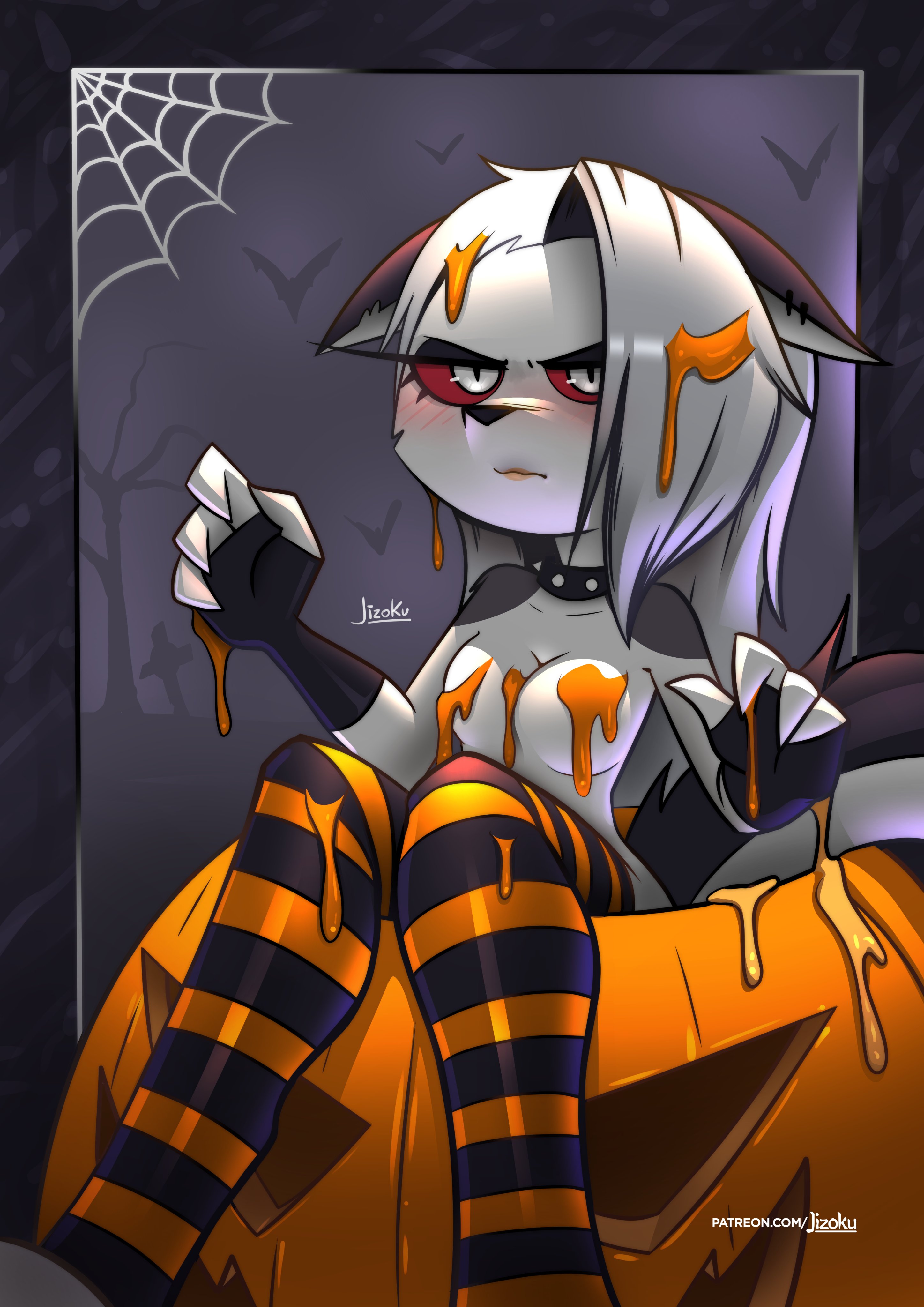 4 fingers, alternate outfit, anthro, armwear, blush, canid, canid demon, canine, choker, collar, covered nipples, demon, female, food, furry, goth, halloween, hellhound, helluva boss, jizoku, lipstick, looking at viewer, loona (helluva boss), mammal, mostly nude, pumpkin, solo, stockings, striped legwear, thigh highs, thighhighs