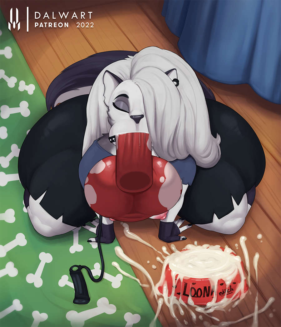 2022, anthro, anthro penetrated, areola, ass, balls, big areola, big ass, big balls, big breasts, big butt, big penis, bird legs, black body, black fur, blitzo (helluva boss), bodily fluids, bottomwear, bowl, breasts, canid, canid demon, closed eyes, clothed, clothing, clothing lift, collar, container, cum, cum in bowl, cum in container, dalwart, deepthroat, demon, digital drawing (artwork), digital media (artwork), disembodied penis, duo, ear piercing, ear ring, fellatio, female, female penetrating, first person view, fur, gag, genital fluids, genitals, gloves, hair, hand on floor, hands on floor, handwear, hellhound, helluva boss, huge ass, huge balls, huge breasts, huge butt, huge cock, hyper, hyper ass, hyper butt, hyper genitalia, hyper penis, kneeling, leash, leash and collar, long hair, long penis, long tail, loona (helluva boss), male, mammal, multicolored body, multicolored fur, nipples, on ground, open mouth, oral, oral penetration, penetration, penile, penis, piercing, pupils, red sclera, ring piercing, sex, shirt, shirt lift, shorts, slit pupils, solo, spiked collar, spikes, sucking, t-shirt, teeth, thick thighs, tongue, tongue out, topwear, white body, white fur, white hair, wide hips