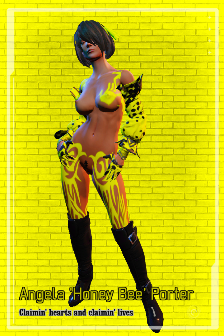 boots breasts female gloves long_hair long_sleeves navel oc poster presenting pubic_hair solo tattoos xcom_2