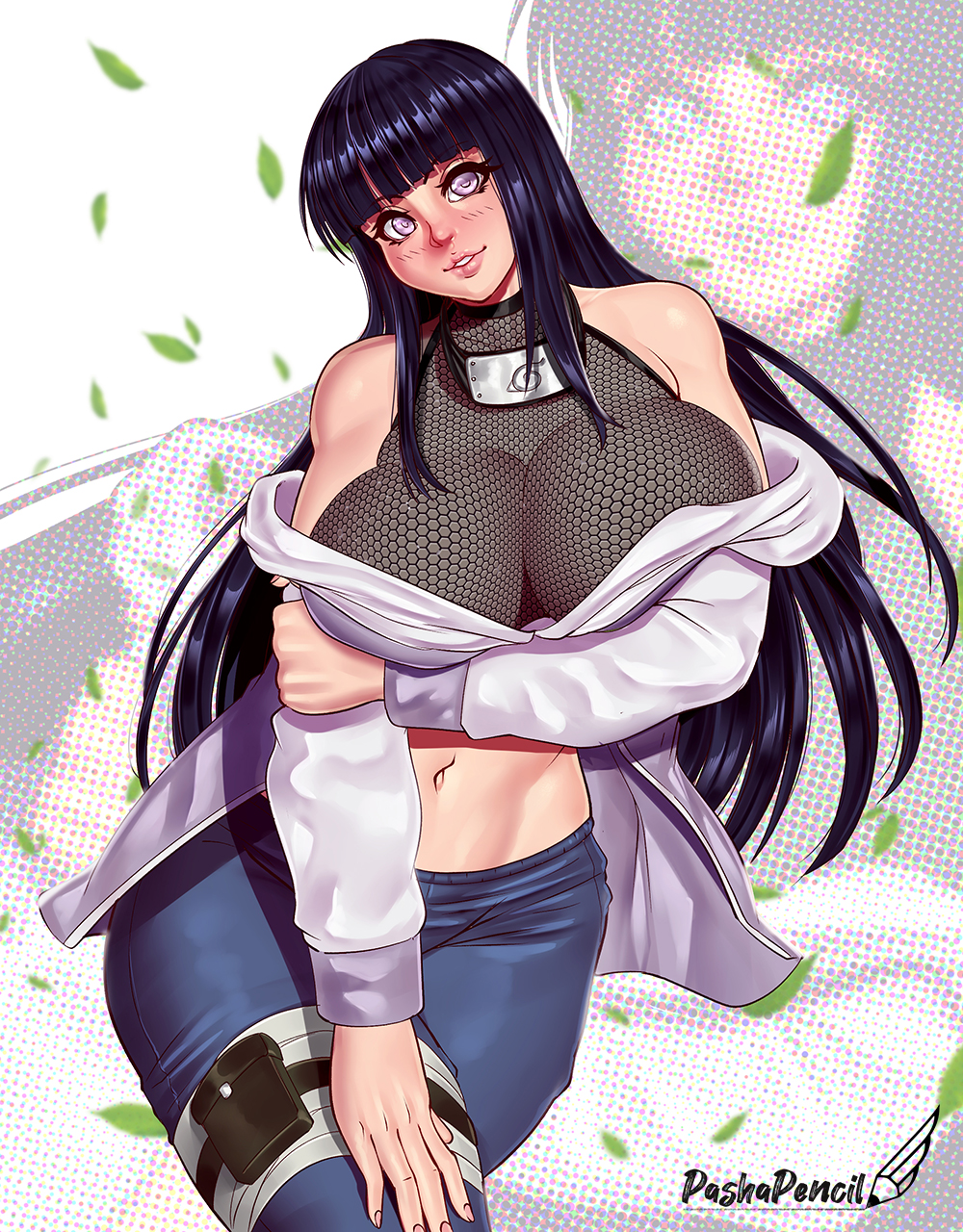 1girls, bare shoulders, belly button, big breasts, blue hair, blush, breasts, busty, curvaceous, curvy, curvy female, curvy figure, female, female focus, female only, fishnet, fishnet shirt, fishnets, hi res, highres, hoodie, hyuuga hinata, jacket, large breasts, light skin, light-skinned female, naruto, naruto (series), naruto shippuden, pale skin, pale-skinned female, pashapencil, pinup, pose, posing, shounen jump, smile, smiling, smiling at viewer, solo, solo female, solo focus, standing, thick thighs, thighs, toned, toned female, undressing, white eyes, wide hips