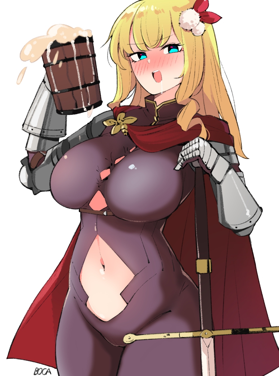 armored_gloves beer blonde_hair blue_eyes blush boca claymore_(sword) cloak drunk girls'_frontline hair_ornament large_breasts mosin-nagant_(girls'_frontline) saliva_trail tight_clothing wide_hips