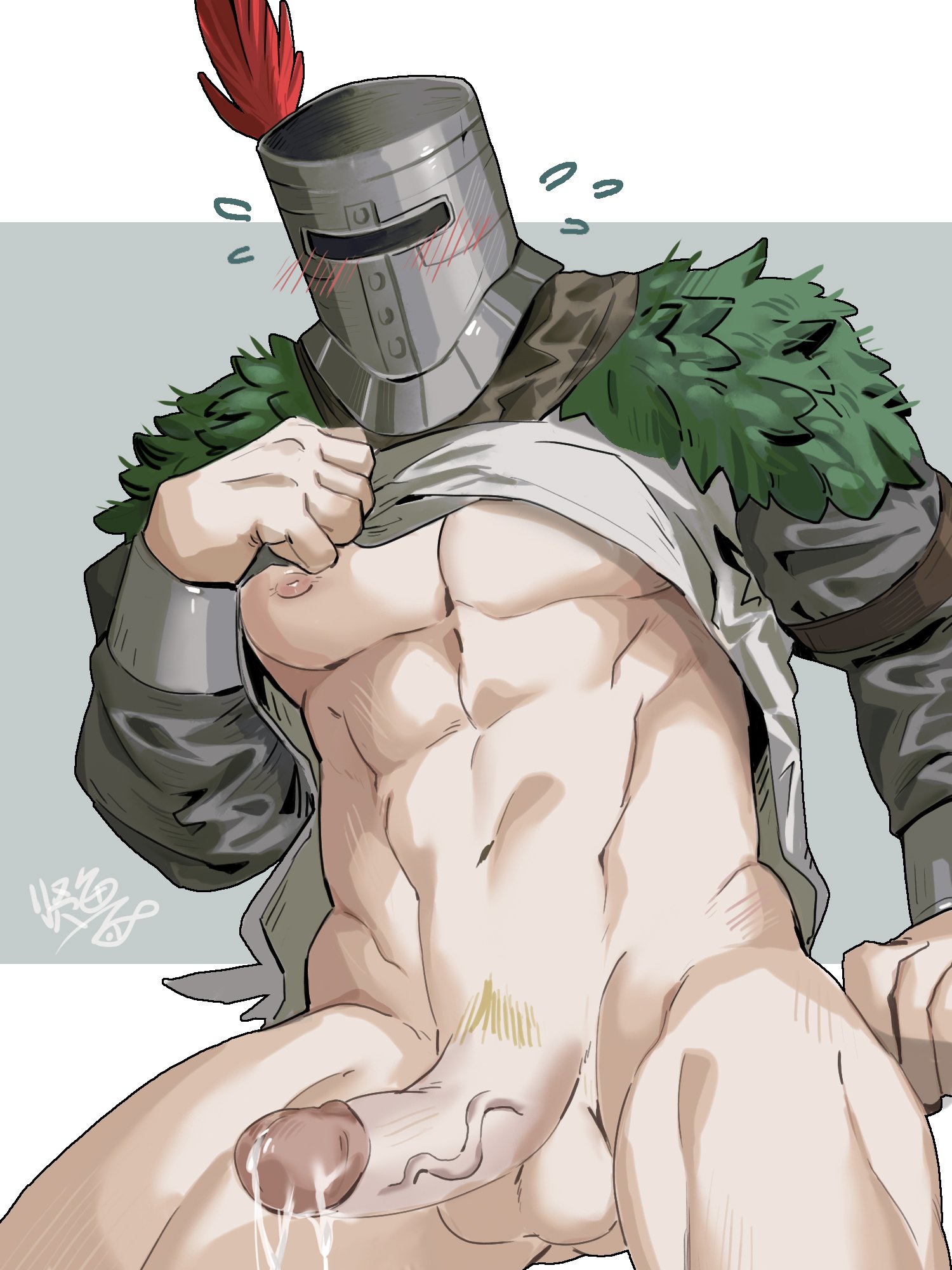 1boy, abs, armor, ass, balls, blush, bottomless, cum, dark souls, erection, fromsoftware, functionally nude, helmet, knight, light skin, light-skinned male, male, male only, male pubic hair, masked, masked male, muscular, muscular male, pale skin, pale-skinned male, pecs, penis, pubic hair, shirt lift, solaire of astora, solo, thighs, uncensored, veiny penis