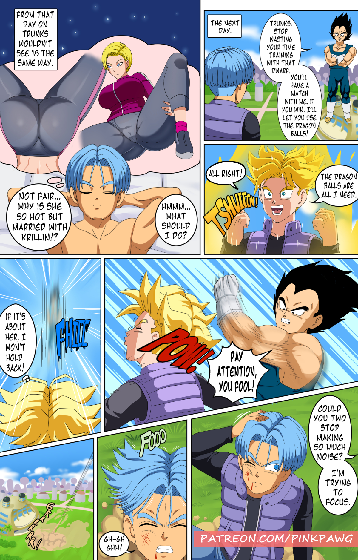 android 18, ass, big ass, big breasts, breasts, comic, dragon ball, dragon ball super, dreaming, female, fighting, gym clothes, light skin, light-skinned female, light-skinned male, male, pinkpawg, super saiyan, thick thighs, trunks briefs, vegeta