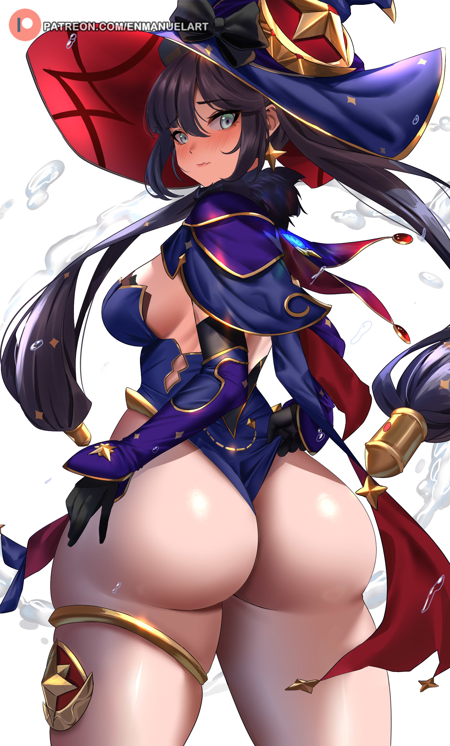 absurdres, adapted costume, alternate breast size, ass, ass focus, bangs, big ass, big butt, black hair, blue leotard, blush, breasts, capelet, enmanuelart20, female, fur trim, fur-trimmed capelet, genshin impact, gloves, green eyes, hat, highleg, highleg leotard, highres, huge ass, large breasts, leotard, long hair, looking at viewer, mona (genshin impact), patreon username, solo, strapless, strapless leotard, thick thighs, thighs, twintails, witch hat