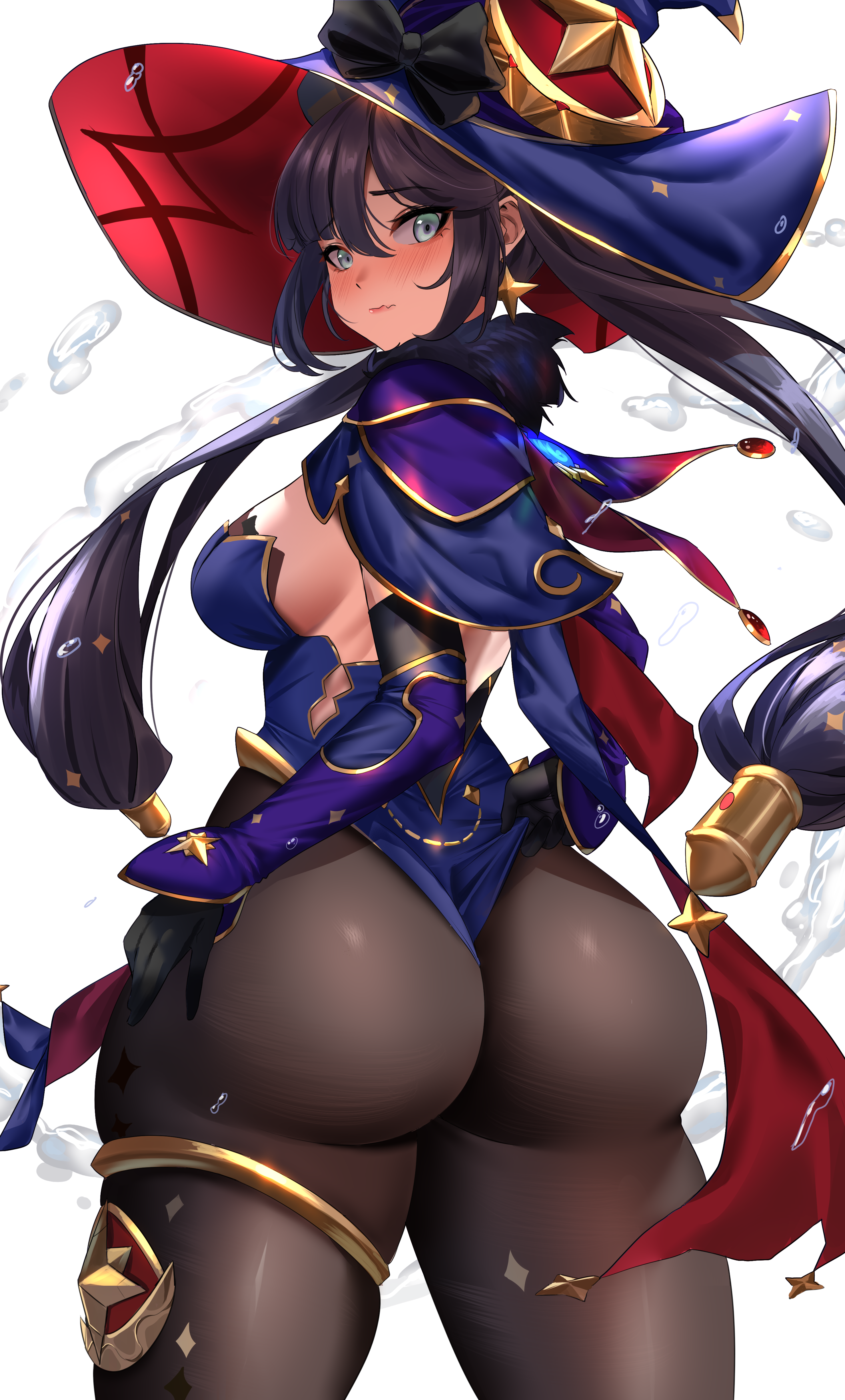 1girls, ass, ass focus, ass shot, back, back view, black hair, bottom heavy, breasts, bubble ass, bubble butt, enmanuelart20, female, genshin impact, green eyes, hat, hi res, highleg leotard, hips, huge ass, huge breasts, large hat, leotard, light skin, light-skinned female, long hair, medium breasts, mona (genshin impact), purple leotard, slim waist, thick thighs, thighs, tights, wide hips, witch hat