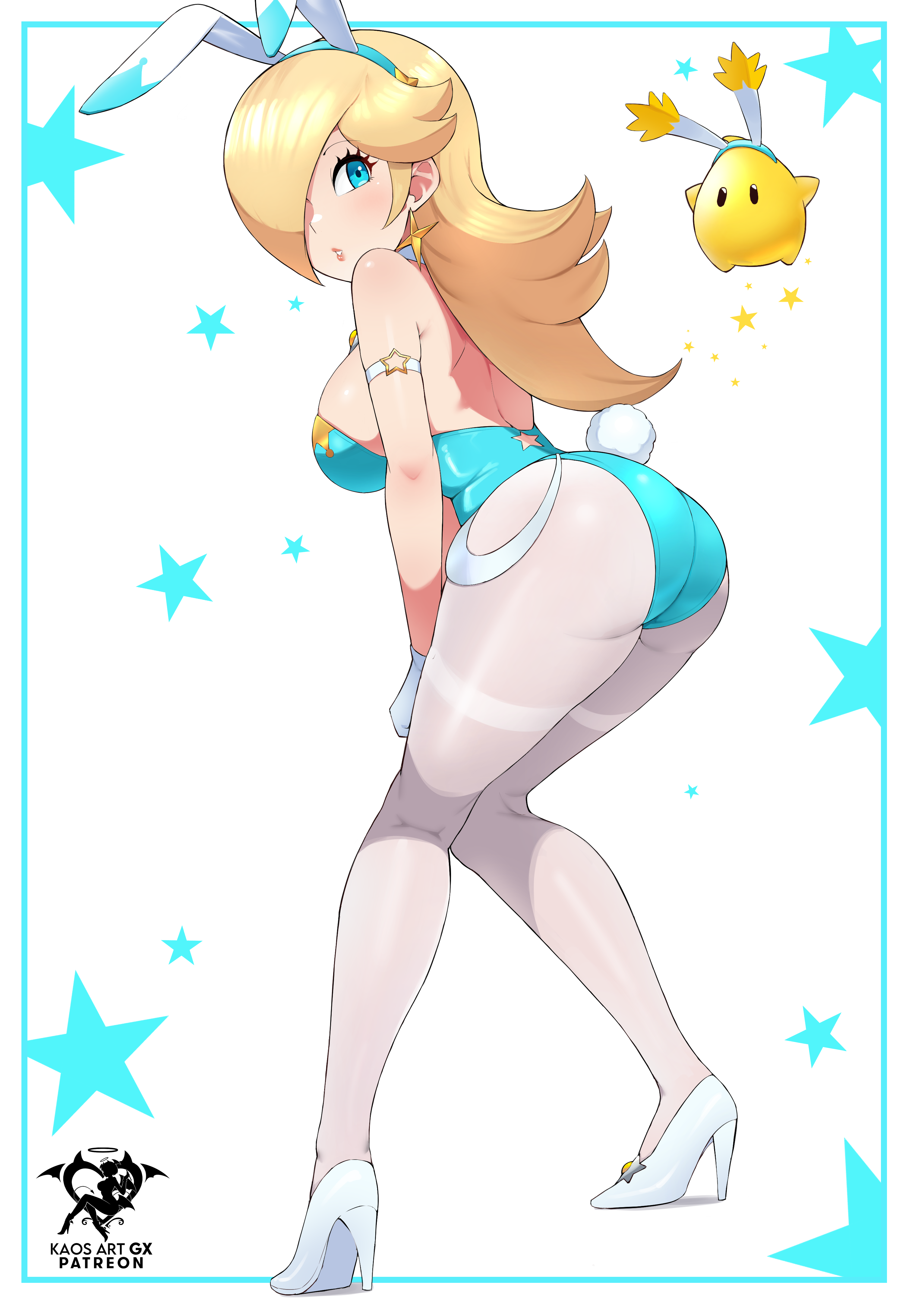 1girls, ass, bimbo, blonde hair, blue eyes, breasts, bunny ears, bunny girl, bunnysuit, female, fully clothed, hair over one eye, highleg leotard, hips, huge ass, huge breasts, kaos art, leotard, light skin, light-skinned female, long hair, long legs, luma, mario (series), nintendo, princess rosalina, super mario galaxy, thick thighs, thighs, wide hips