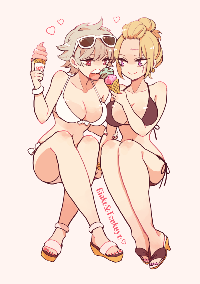 2girls 8cco alternate_costume big_breasts bikini black_bikini blonde_hair canon_genderswap cleavage eating facial_mark female female_only food full_body genderswap_(mtf) ginko_sakata gintama gintoki_sakata hair_bun ice_cream nail_polish open_mouth purple_eyes red_eyes rule_63 sandals short_hair sitting smile sunglasses_on_head swimsuit thin_waist toenail_polish tsukuyo very_short_hair white_bikini white_hair wholesome yuri