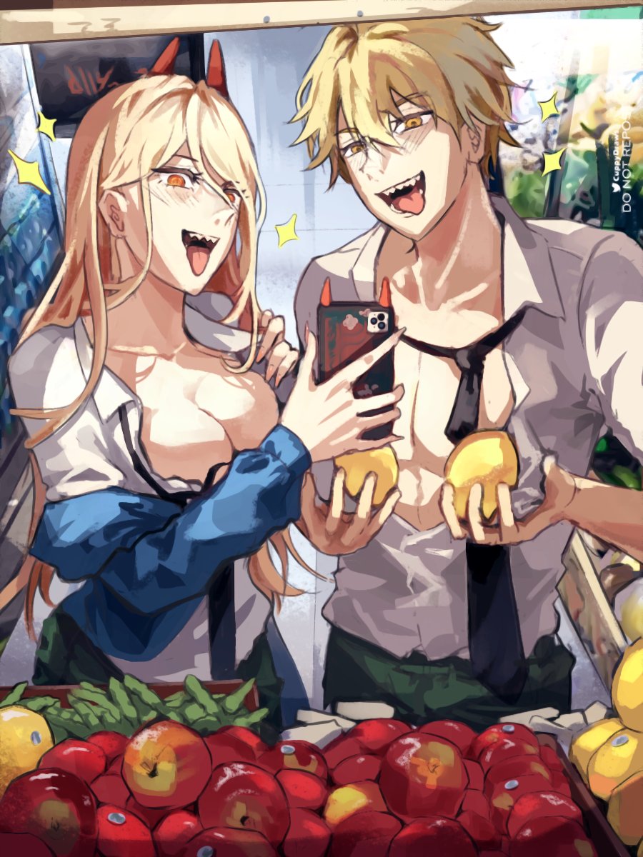 1boy, 1girls, big breasts, blonde hair, breasts, bursting breasts, chainsaw man, cleavage, denji (chainsaw man), fake breasts, female, female focus, light skin, light-skinned female, male, open clothes, open shirt, power (chainsaw man), selfie, shounen jump, smile, tofuu 306, wholesome