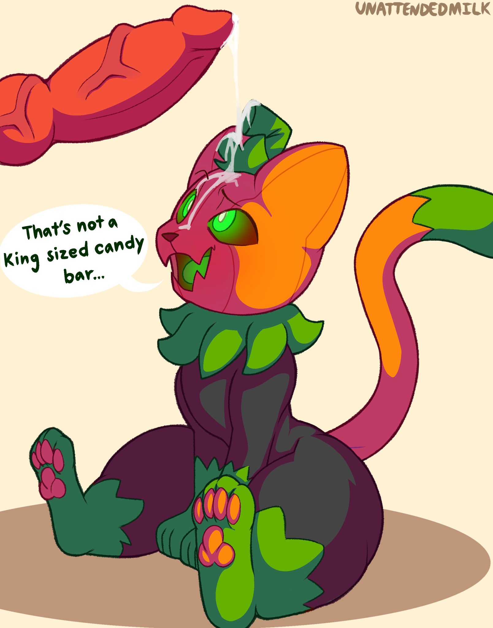 alternate version available, ass, big ass, big butt, black body, body fluid, bubble ass, bubble butt, cat, cum, dick, fluid, gay, huge ass, knot, leaking, looking at viewer, looking back, male, non-human, penis, pumkat, pumpkin, pumpkin head, text, unattendedmilk (artist)