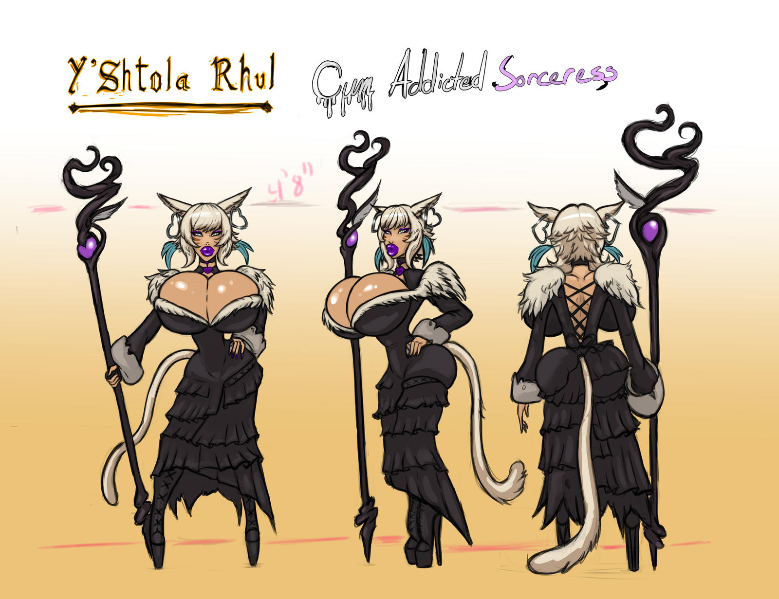 big breasts, bimbo, bimbo lips, bradtanker3, breasts, breasts bigger than head, cat ears, cat girl, cat tail, catgirl, choker, cleavage, dress, earrings, female, final fantasy, final fantasy xiv, hand on hip, heel boots, high heel boots, high heels, hoop earrings, hoop earrings hearts, huge breasts, makeup, miqo'te, platform boots, platform heels, purple eyeshadow, purple lipstick, rear view, side view, staff, wide hips, y'shtola