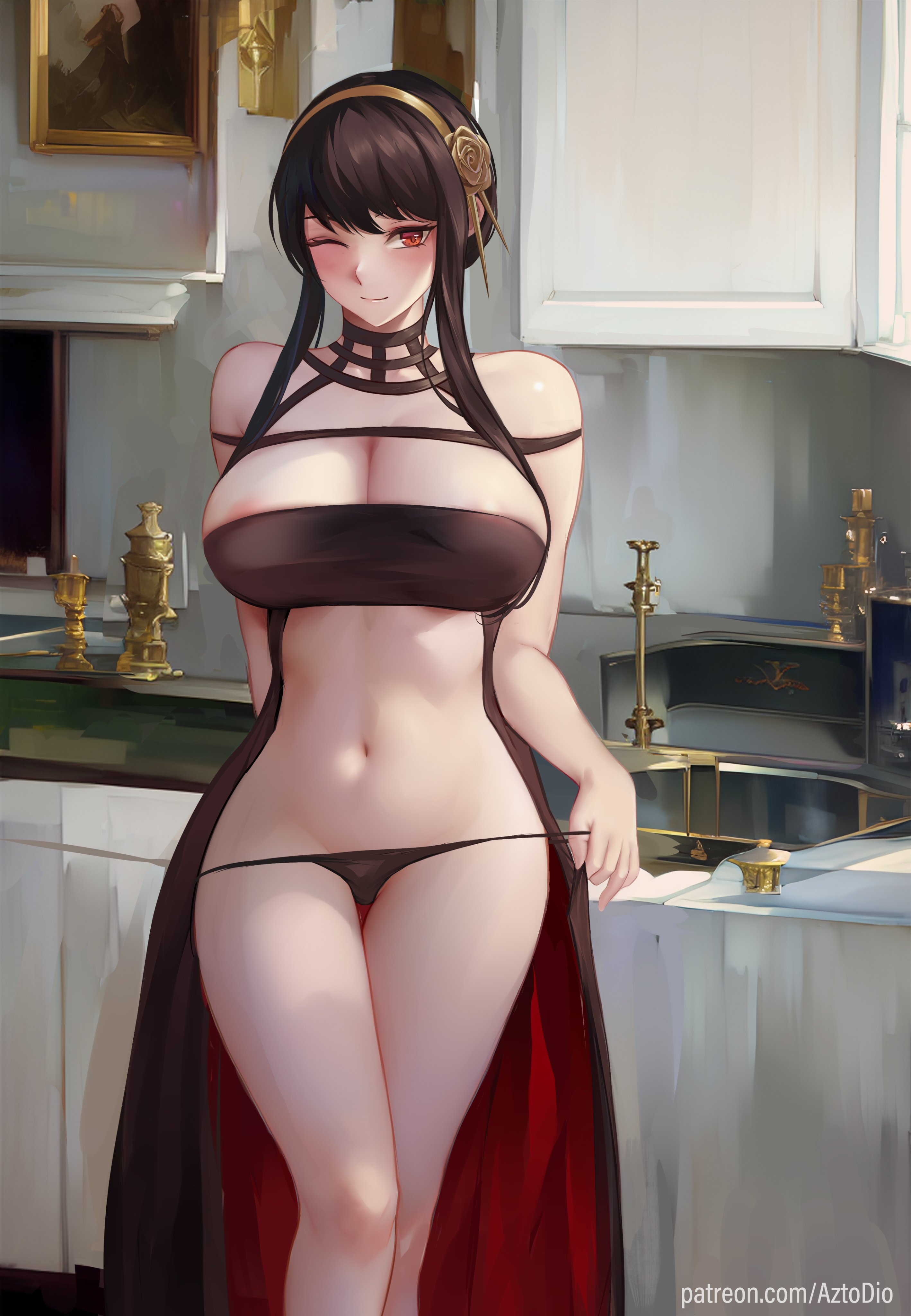 1girls, artist signature, assassin, azto dio, black hair, black panties, breasts, cleavage, female, hi res, hips, huge breasts, indoors, kitchen, light skin, light-skinned female, looking at viewer, panties, red eyes, slim waist, smile, spy x family, thick thighs, thighs, thorn princess, wide hips, wink, yor briar, yor forger
