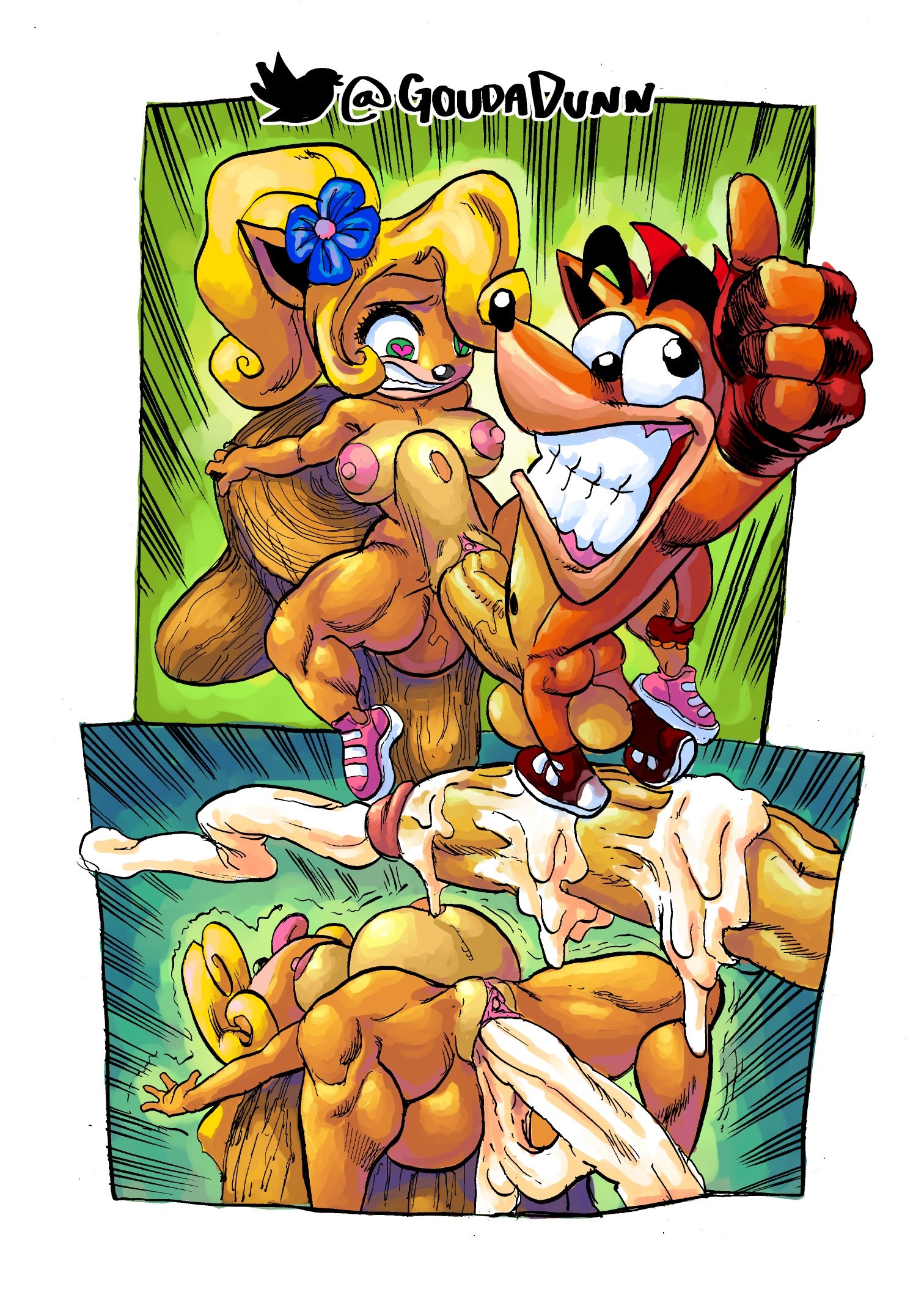 1boy, 1girls, 2022, activision, after sex, anthro, balls, big balls, big breasts, breasts, coco bandicoot, color, comic, crash (series), crash bandicoot, cum, cum in pussy, cum inside, cumflation, cumshot, female, goudadunn, heart-shaped pupils, huge balls, huge cock, incest, inflation, large penis, male, marsupial, penetration, penis, pussy, stomach bulge, vaginal penetration