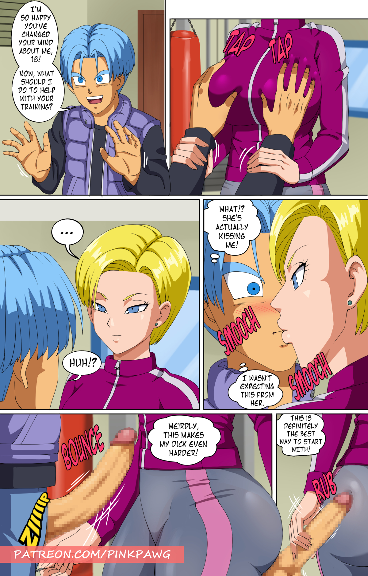 android 18, big breasts, big penis, blonde hair, blue eyes, blue hair, breasts, cheating, cheating girlfriend, cheating wife, comic, dragon ball, dragon ball super, female, groping, groping breasts, handjob, kissing, light skin, light-skinned female, light-skinned male, male, mind control, netorare, ntr, penis, pinkpawg, rubbing penis, tight clothing, trunks briefs