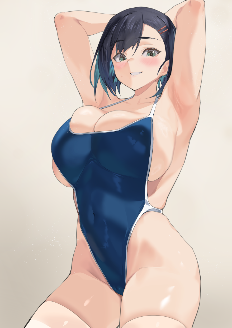 armpits arms_behind_head black_hair blue_eyes blue_one-piece_swimsuit blush breasts cameltoe cleavage commentary covered_navel female grin hair_ornament hairclip highres large_breasts looking_at_viewer mm_(yoromu) one-piece_swimsuit original school_swimsuit short_hair sideboob smile solo sweatdrop swimsuit white_legwear