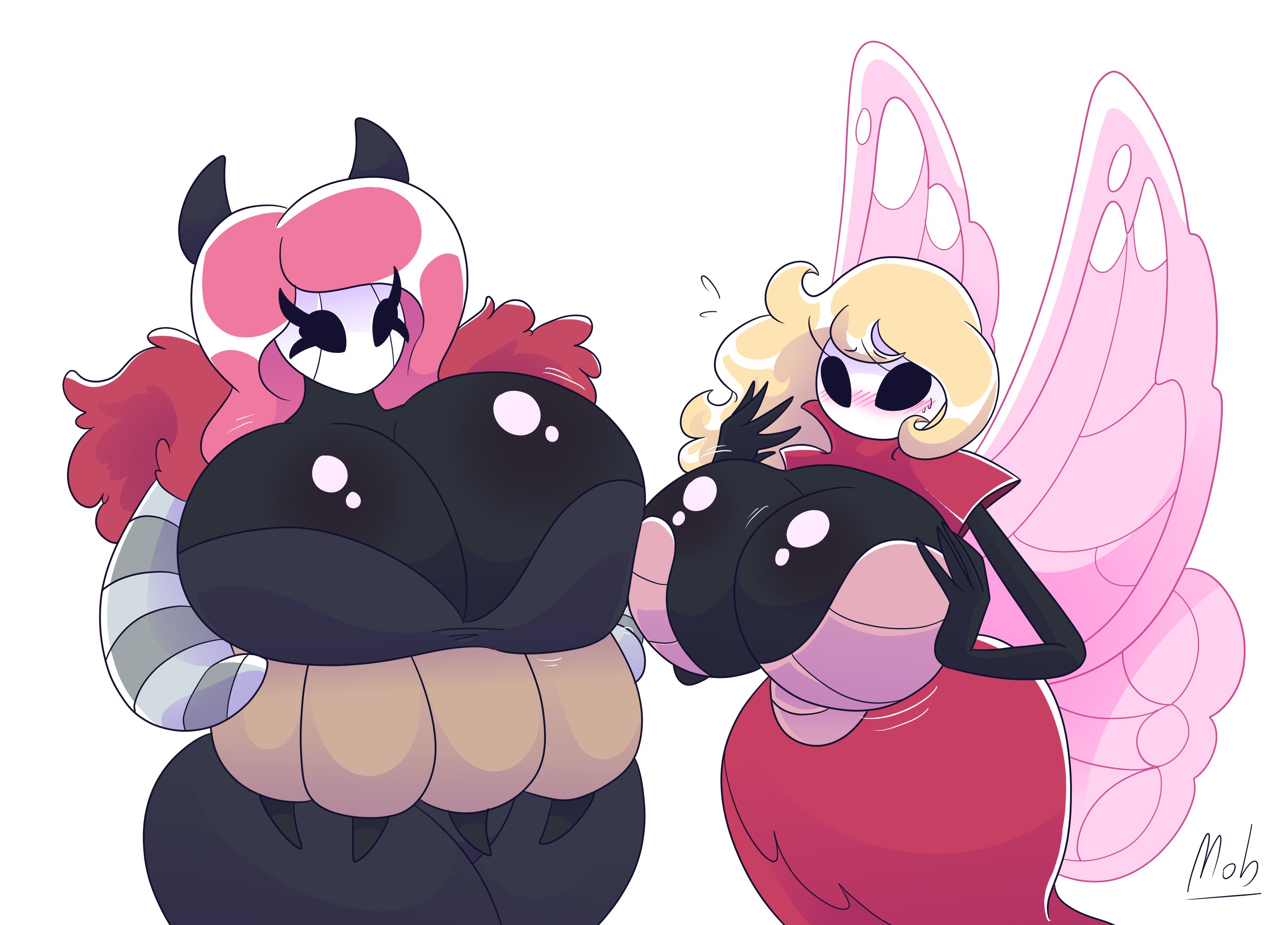 2girls, big breasts, blonde hair, blushing, breast comparison, breasts, brumm (hollow knight), curvy female, female, female only, hollow knight, huge breasts, marissa (hollow knight), musical instrument, oddly bally, pink hair, pink wings, rule 63, thick thighs, wide hips