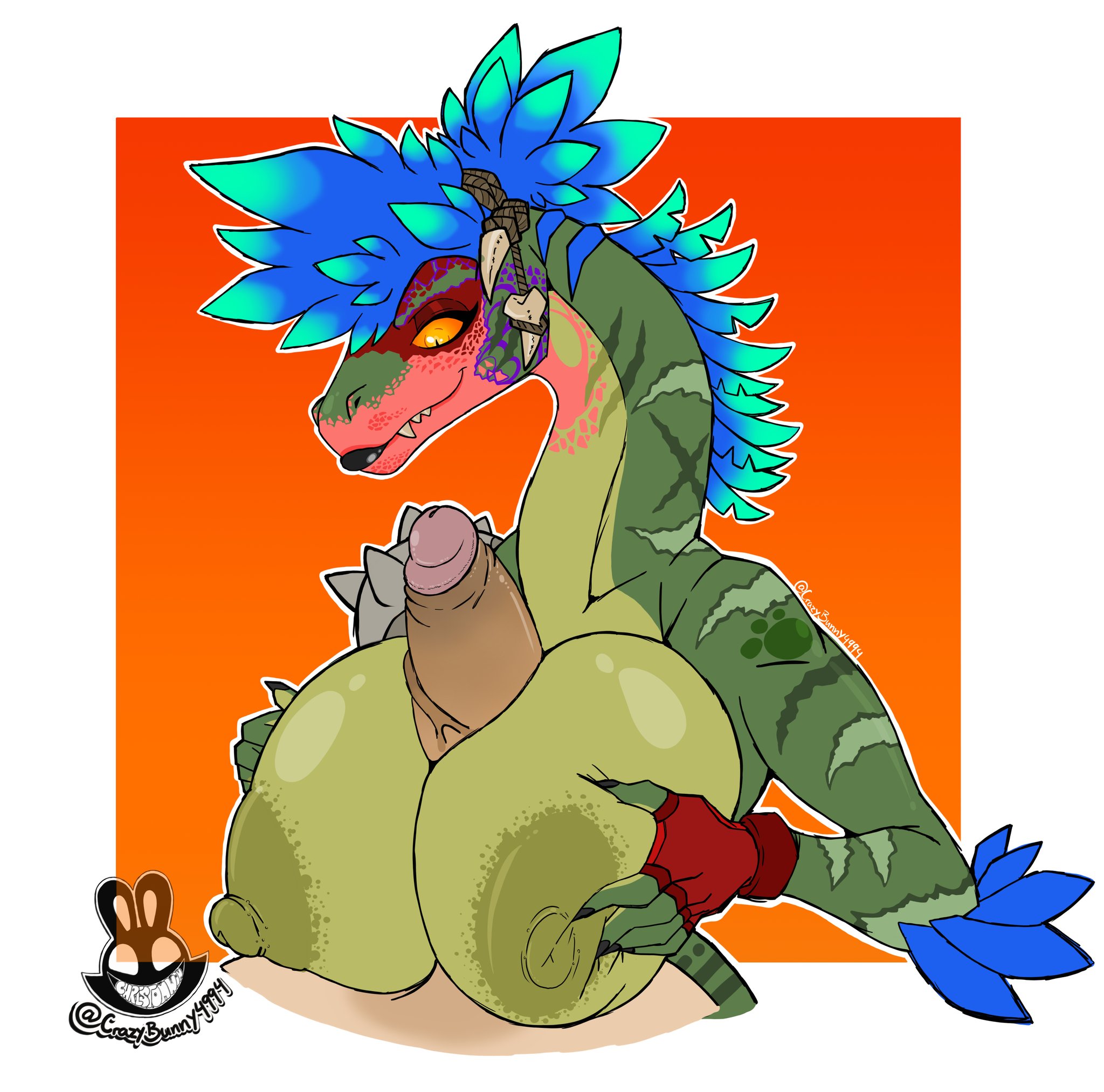 big breasts, big penis, black lipstick, blue hair, breasts, christomwow, commission, completely nude, epic games, female, fortnite, green body, green skin, human on anthro, looking at penis, male, nude, paizuri, penis, raptor, scalie, titjob