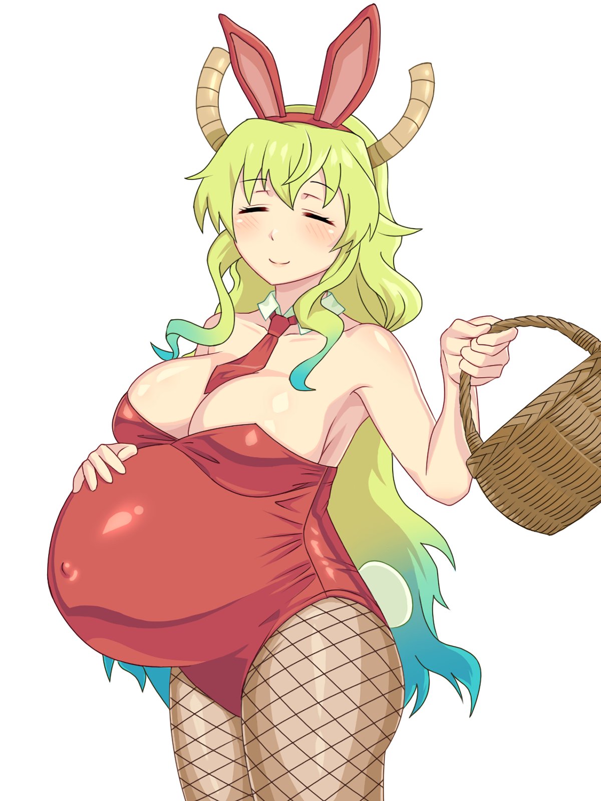 1girls, belly, big belly, big breasts, big penis, breasts, bunny ears, cleavage, dragon maid, female, fishnets, granary, male, milf, miss kobayashi's dragon maid, penis, pregnant, quetzalcoatl (dragon maid), thick thighs, two-tone hair