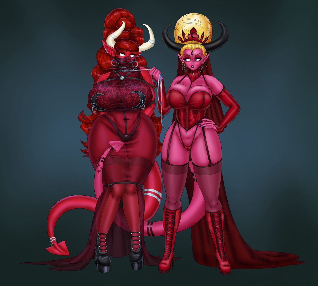 2girls, ass, bishoujo senshi sailor moon, bondage, breasts, bustier, clothing, corruption, corset, crossover, demon, demon girl, demon horns, demon tail, female, female only, garter straps, high heels, huge ass, huge breasts, implied transformation, large breasts, leash, lingerie, multiple females, multiple girls, navel, navel piercing, ranma 1/2, ranma saotome, ranma-chan, red skin, saturnxart, stockings, succubus, thick lips, thick thighs, thong, transformation, usagi tsukino, wide hips