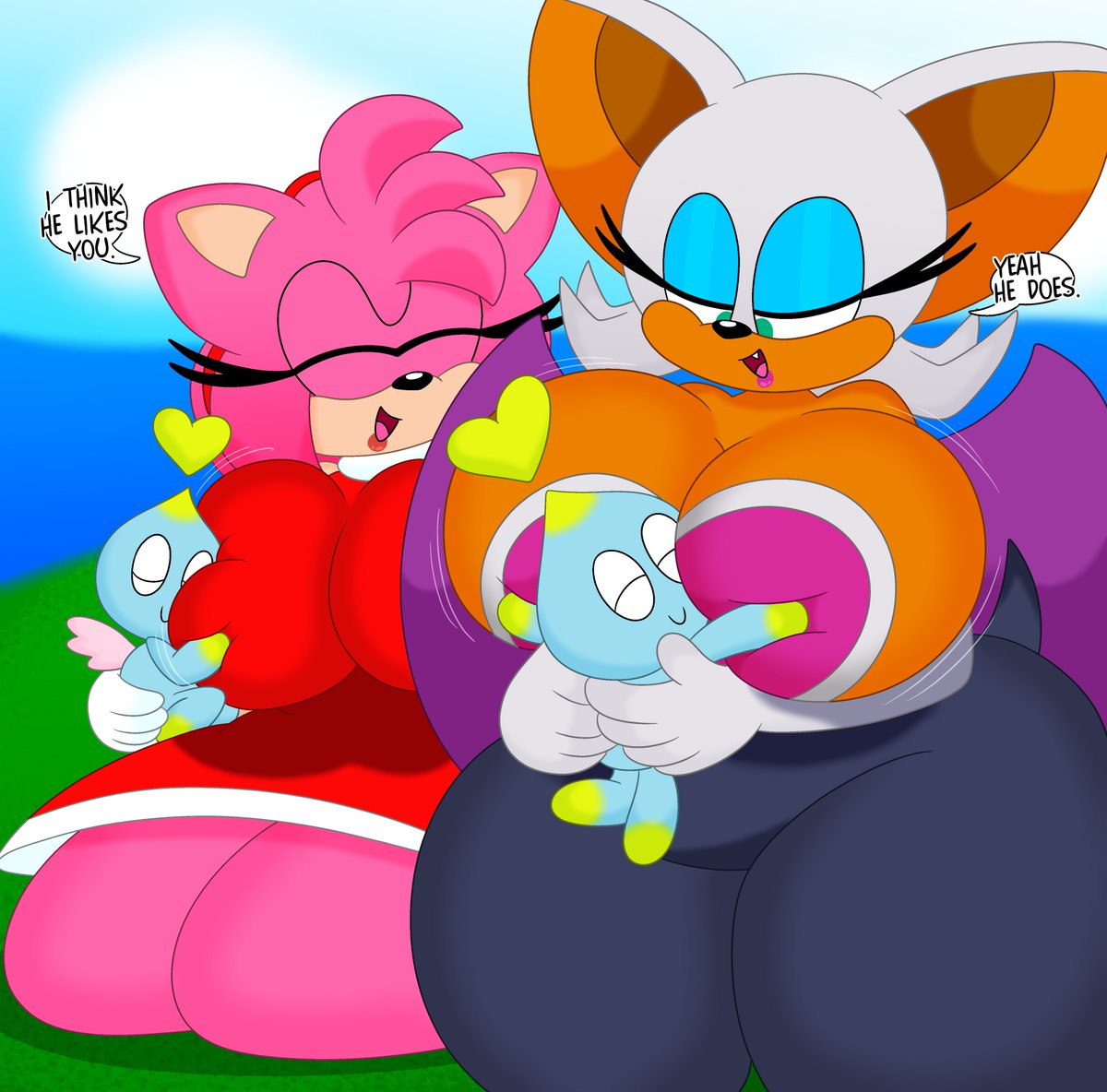 2girls 3barts amy_rose anthro bat big_breasts bodysuit breasts busty chao_(sonic) chiropteran clothing cute dialogue dress english_text female hedgehog huge_breasts hugging hugging_breasts kneeling large_breasts obese_female on_knees red_dress rouge_the_bat sega sonic_(series) sonic_the_hedgehog_(series) text thick_thighs wide_hips