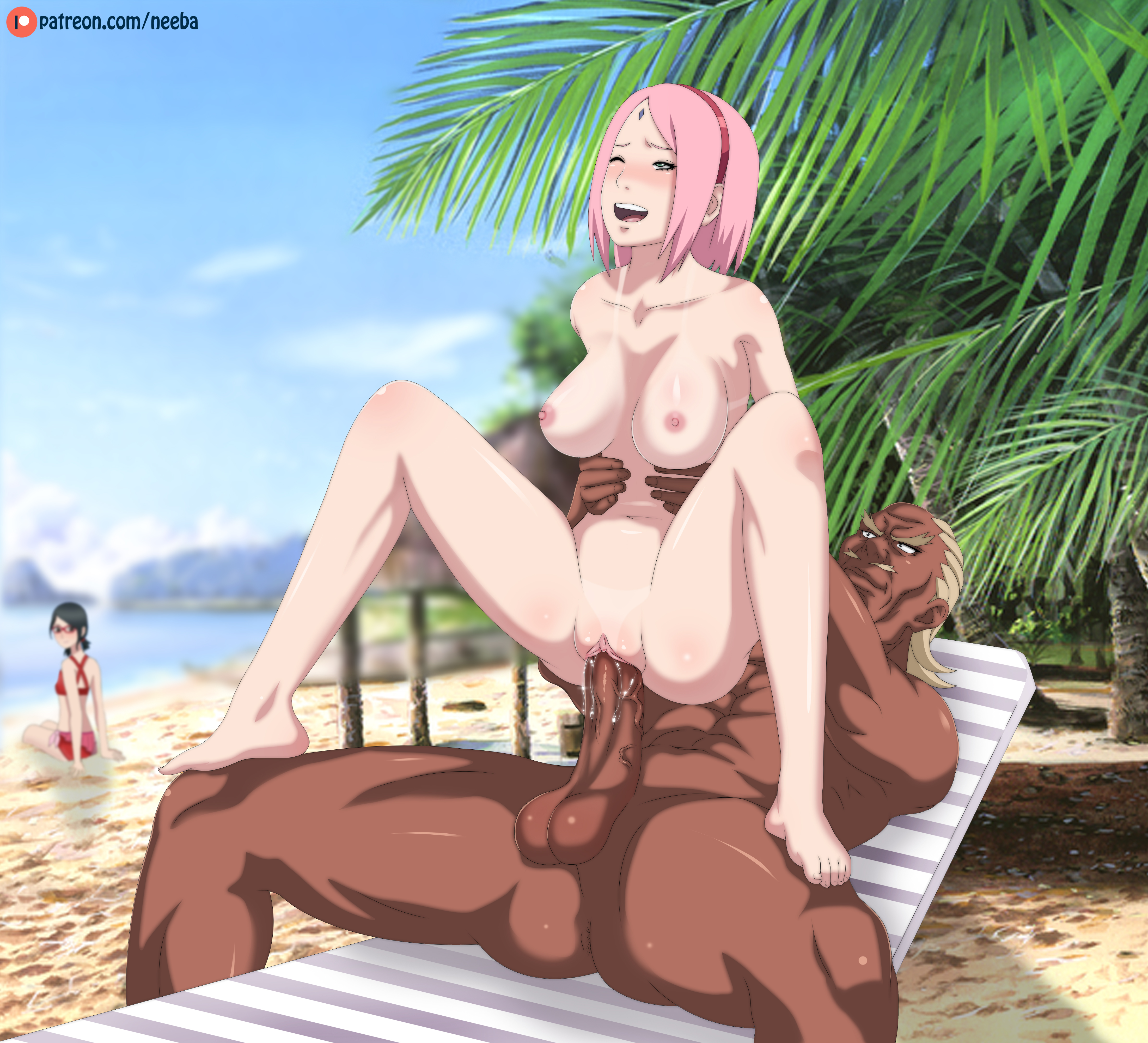 1boy, 2girls, alternate version available, blonde hair, blonde-haired male, boruto: naruto next generations, breasts, cheating, cheating wife, dark skin, dark-skinned male, female, haruno sakura, highres, human, interracial, large breasts, male, mother and daughter, multiple females, multiple girls, naruto, naruto (series), neeba, netorare, nude, outdoors, outside, penis, pink hair, pink-haired female, pussy, raikage, sakura haruno, sarada uchiha, sex, uchiha sarada