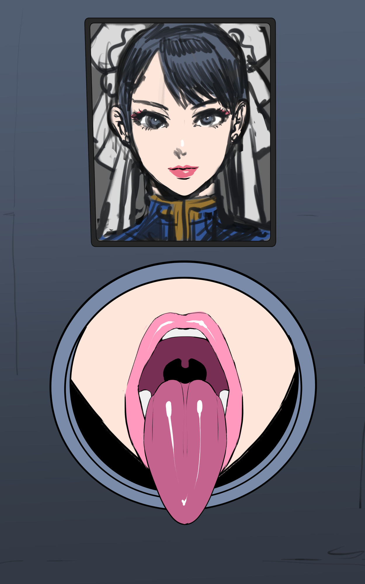 asian, blowjob, chun-li, double bun, female, glory hole, imminent deepthroat, imminent oral, kisuu, lipstick, open mouth, oral, oral sex, pink lipstick, seductive mouth, street fighter, street fighter ii, throat, tongue, tongue out