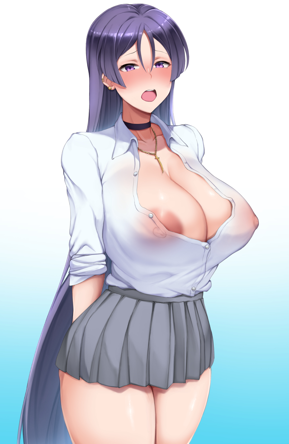 1girls 2020 alternate_version_available areola_slip arms_behind_back bangs blouse blue_background blush breasts center_opening choker cleavage collarbone collared_shirt contemporary covered_nipples dantes_ward dress_shirt earrings eyelashes eyeliner fate/grand_order fate_(series) female female_only gradient gradient_background grey_skirt hi_res highres huge_breasts jewelry large_areolae large_breasts light-skinned_female light_skin long_hair long_sleeves looking_at_viewer makeup minamoto_no_raikou_(fate) miniskirt necklace nipples nipples_visible_through_clothing no_bra open_mouth parted_bangs purple_eyes purple_hair see-through shirt skirt sleeves_rolled_up solo thighs very_long_hair white_shirt