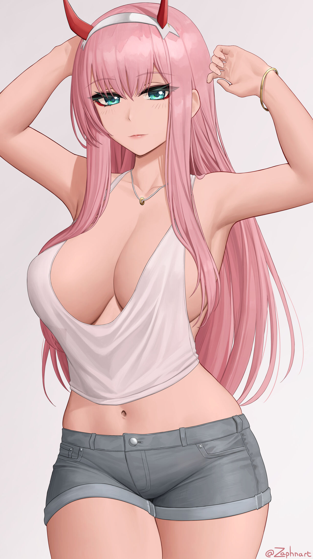 1girls, 2022, alternate breast size, breasts, cleavage, clothed, darling in the franxx, female, female only, green eyes, hi res, hips, horns, huge breasts, long hair, navel, pink hair, solo, tank top, zaphn, zero two (darling in the franxx)
