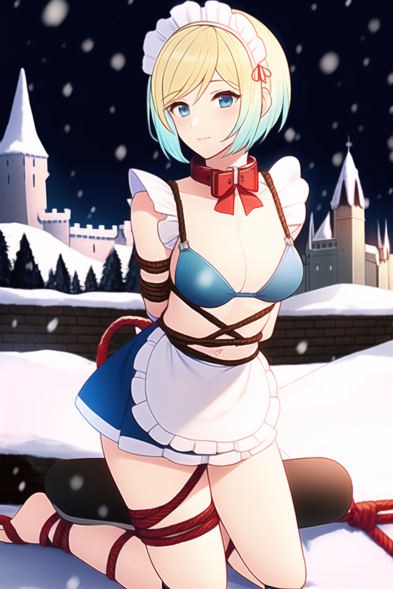 ai generated, animal collar, bikini, bikini top, blonde hair, bondage, bowtie, bowtie collar, collar, female, femsub, fire emblem, fire emblem heroes, fjorm (fire emblem), maid, maid apron, maid bikini, maid headdress, maid uniform, nai diffusion, nintendo, restrained, rope, snow, source request, stable diffusion, tiques