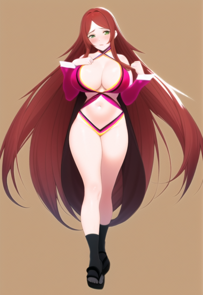 1girls, adapted costume, big breasts, blush, breasts, busty, center opening, cleavage, detached sleeves, female, female only, full body, fuuka (naruto), green eyes, hourglass figure, leotard, long hair, madoka amano (artist), mature, mature female, naruto, naruto (series), naruto shippuden, red hair, revealing clothes, sandals, socks, solo, solo focus, tight clothing, very long hair, voluptuous, walking, walking towards viewer