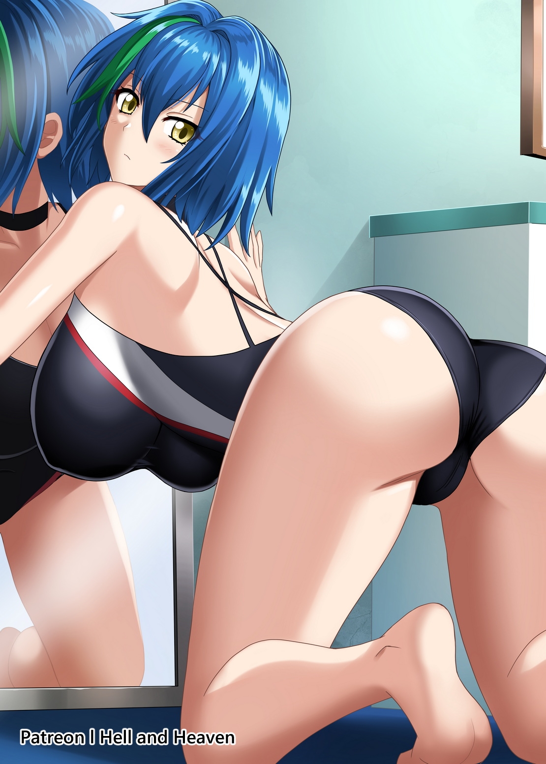 1girls, big breasts, blue hair, breasts, female, hand on breast, happy sex, hellandheaven, high school dxd, multicolored hair, navel, panties aside, smile, solo, tagme, third-party edit, xenovia quarta