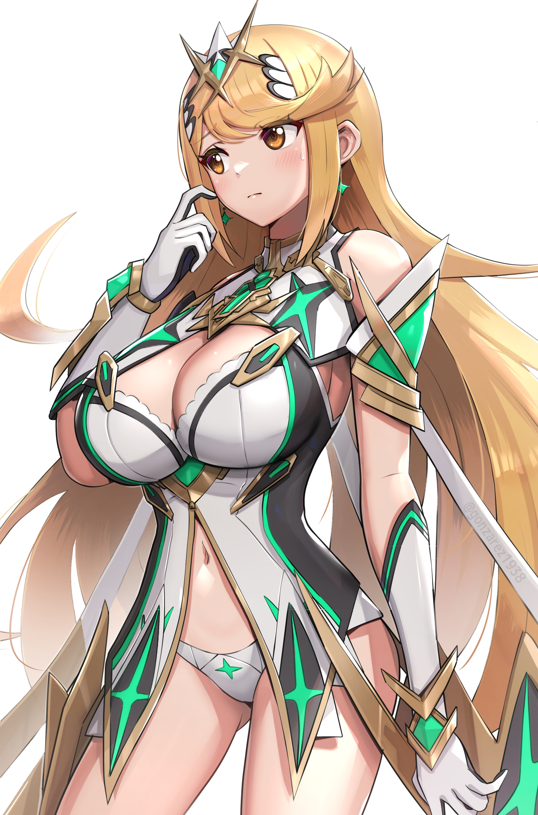 1girls, alternate costume, alternate version available, bangs, big breasts, blonde hair, blush, breasts, cleavage, core crystal, embarrassed, female, gold eyes, gonzarez, hi res, large breasts, light skin, light-skinned female, long blonde hair, long hair, mythra, mythra (prototype) (xenoblade), mythra (xenoblade), nintendo, panties, simple background, slim waist, swept bangs, thighs, xenoblade (series), xenoblade chronicles 2