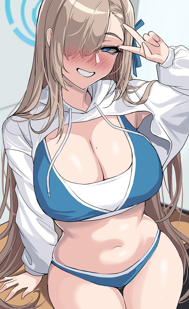 1girls, asuna (blue archive), beauty mark, blonde hair, blue archive, blue eyes, breasts, cleavage, cropped hoodie, drogod (artist), female, hair over one eye, hoodie, huge breasts, light skin, light-skinned female, long hair, mole on breast, panties, peace sign, smile, sports bra