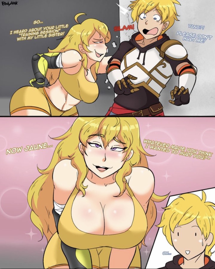 1boy, 1girls, abs, armor, arms behind back, bent over, big breasts, blonde hair, blue eyes, blush, bodyattk, breasts, busty, child bearing hips, cleavage, english text, female, flirting, flustered, hands on legs, hands on own legs, hands on own thighs, hands on thighs, human, jaune arc, large breasts, male, metal arm, rwby, seductive, shy, smile, sports bra, sports shorts, sportswear, straight, tagme, text, voluptuous, yang xiao long
