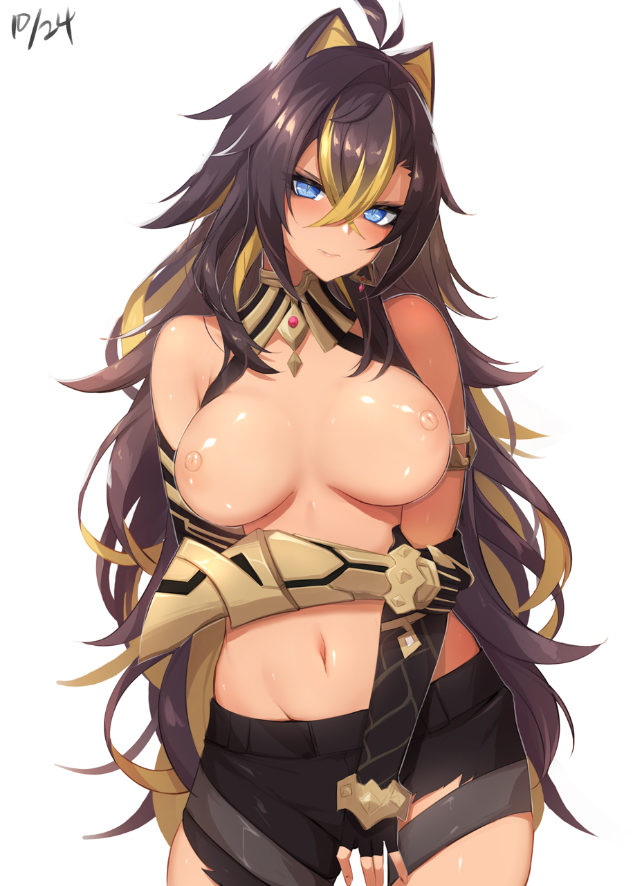 animal_ears bangs black_hair blonde_hair blue_eyes breasts breasts_apart brown_hair closed_mouth criss-cross_halter crossed_bangs dark-skinned_female dark_skin dehya_(genshin_impact) earrings female genshin_impact gloves hair_between_eyes halterneck highres jewelry large_breasts long_hair looking_at_viewer multicolored_hair navel nipples solo streaked_hair white_background yu-ta