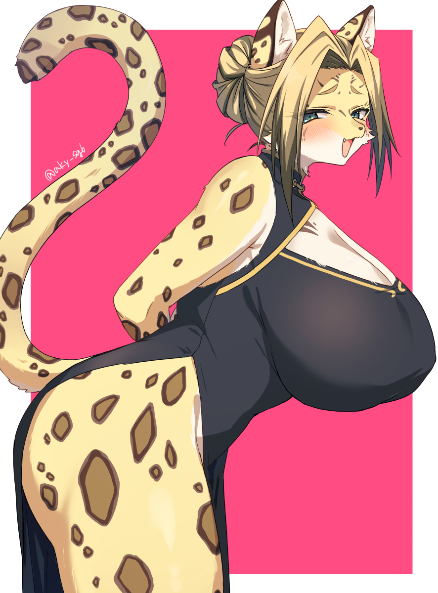 2022 aky_sg6 anthro asian_clothing big_breasts blush breasts chinese_clothing chinese_dress cleavage clothed clothing cute_fangs dress east_asian_clothing felid female female_anthro fur green_body hair hands_behind_back hi_res huge_breasts kemono leaning leaning_forward leopard looking_at_viewer mammal multicolored_body multicolored_ears multicolored_fur multicolored_tail nipple_outline pantherine sgsix solo