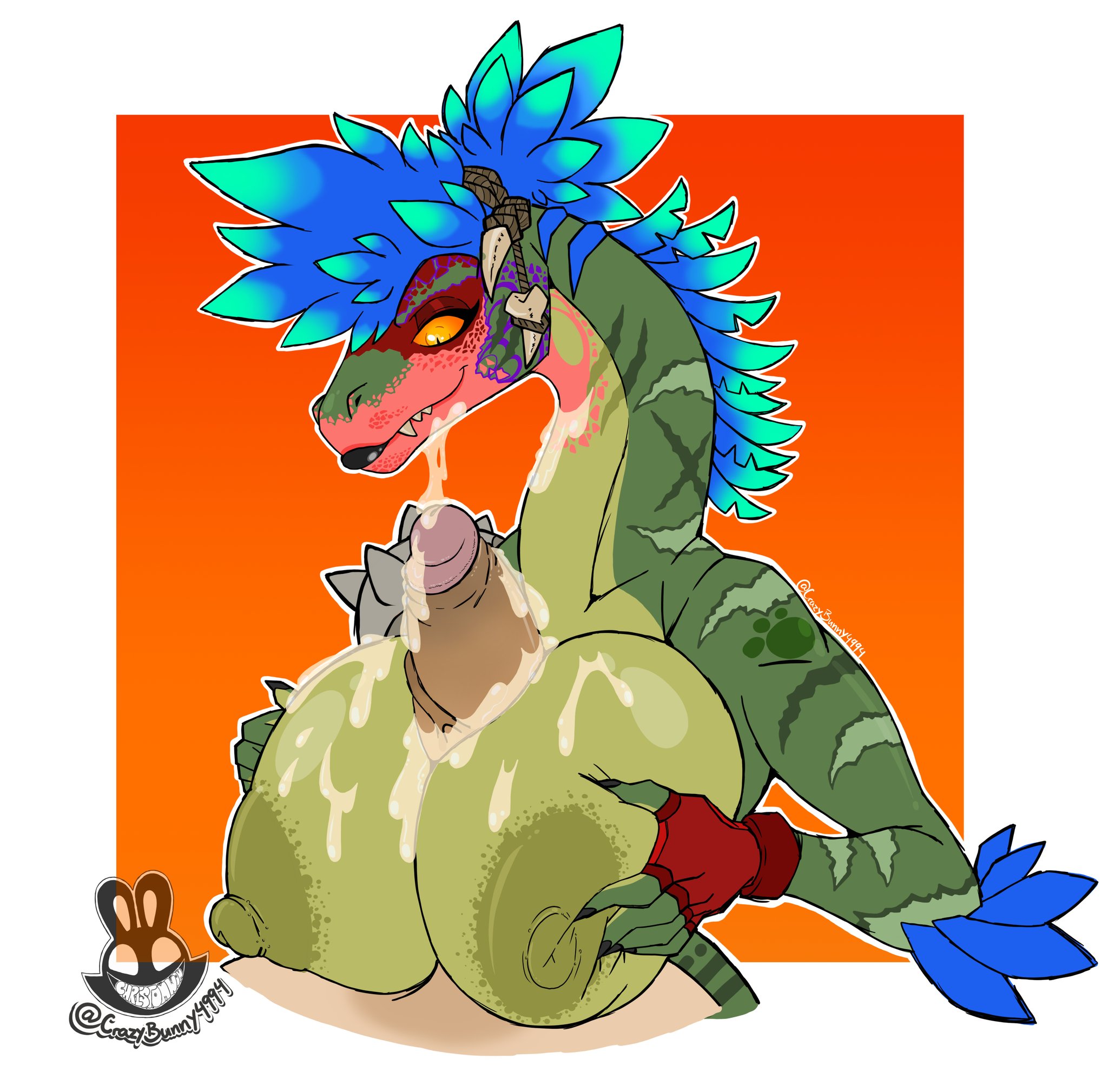 black lipstick, blue hair, breasts, christomwow, cleavage, commission, cum, cum on body, cum on breasts, cum on face, epic games, female, fortnite, green skin, human on anthro, looking at penis, male, paizuri, penis, raptor, scalie, titjob