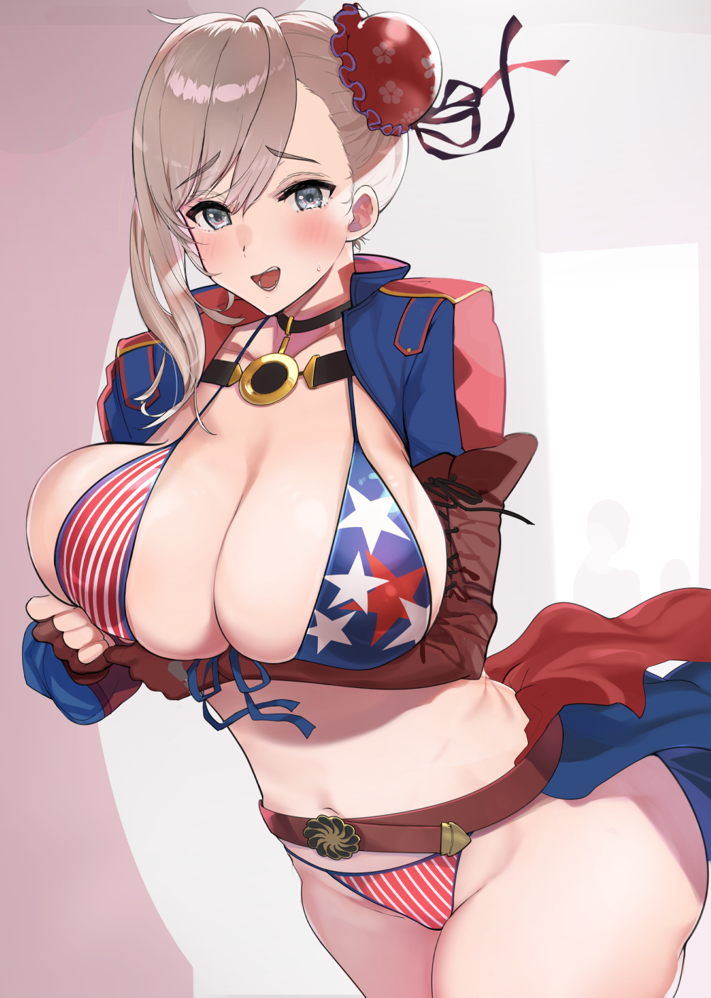 1girls 2022 american_flag american_flag_bikini american_flag_print arm_under_breasts asymmetrical_hair belt bikini blonde_hair blue_eyes blush breasts brown_belt brown_gloves bun_cover fate/grand_order fate_(series) female fingerless_gloves flag_print gloves hareno_chiame highres large_breasts looking_at_viewer miyamoto_musashi_(fate) miyamoto_musashi_(swimsuit_berserker) miyamoto_musashi_(swimsuit_berserker)_(fate) miyamoto_musashi_(swimsuit_berserker)_(second_ascension)_(fate) navel open_mouth raised_eyebrows solo stomach sweatdrop swimsuit