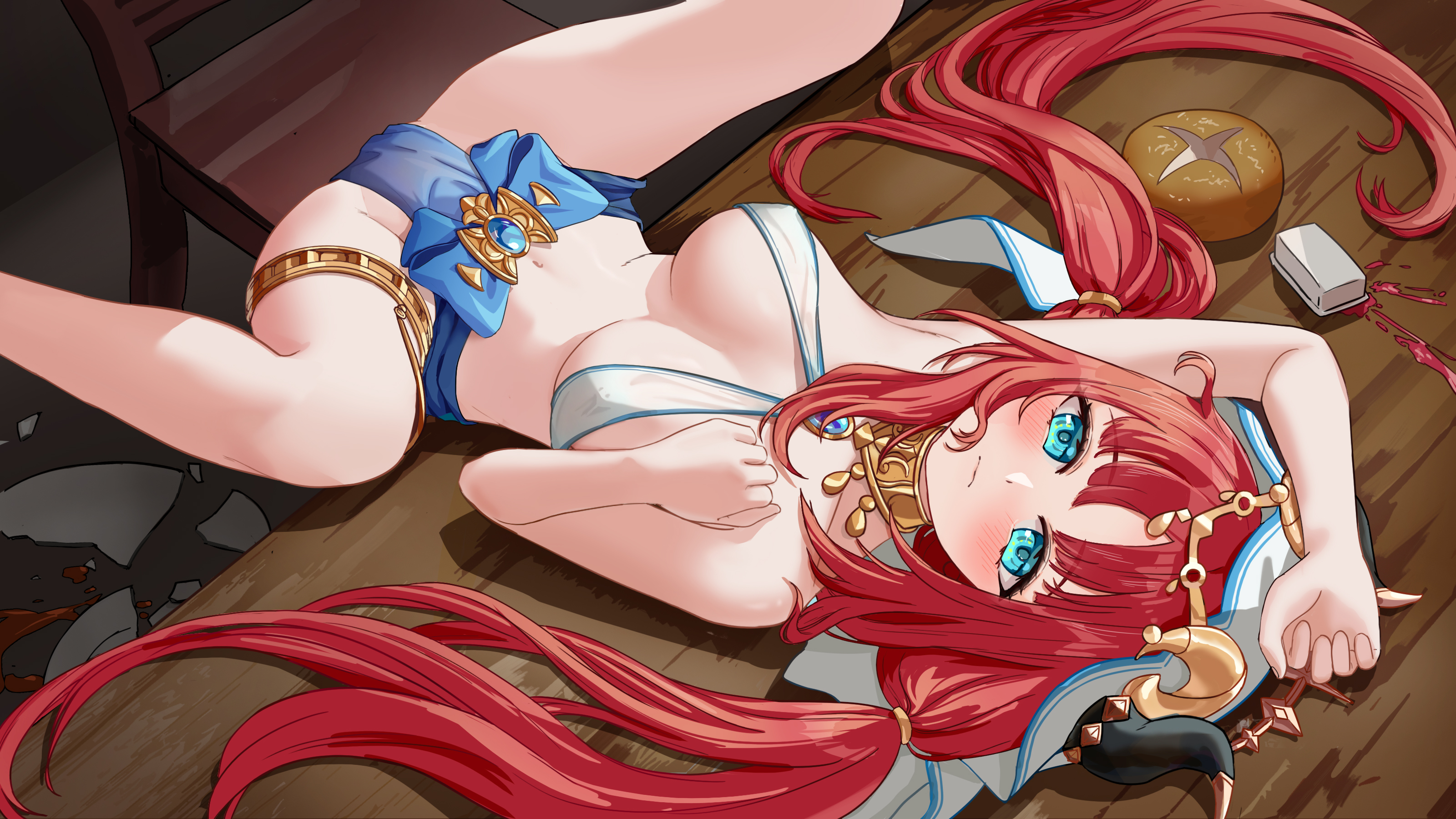 1girls, artist request, belly dancer, belly dancer outfit, blue eyes, blush, breasts, chair, drink, female, food, genshin impact, looking at viewer, lying, nilou (genshin impact), on table, presenting, red hair, spill, spilled drink, spread legs, table