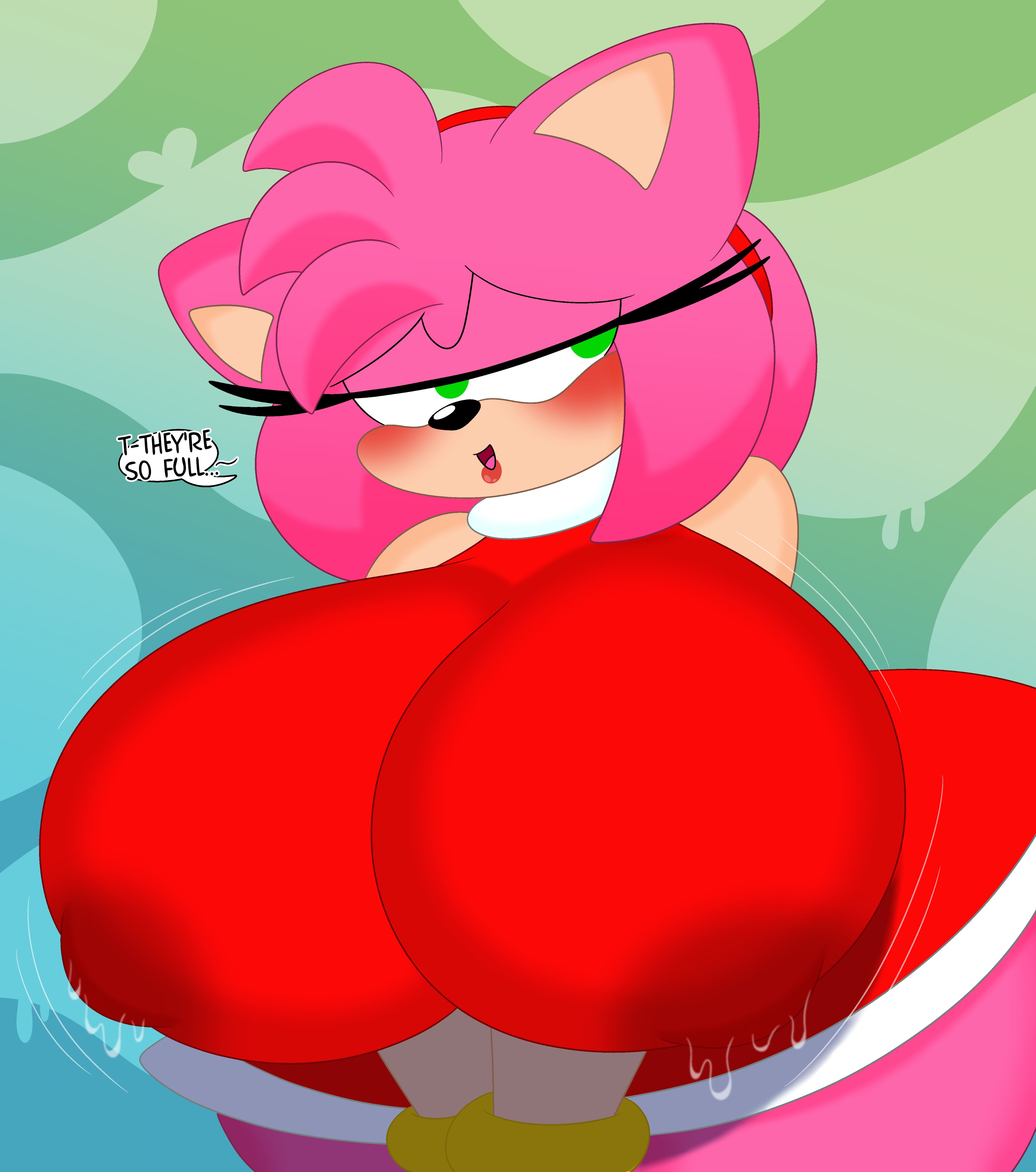 1girls, 3barts, amy rose, anthro, bed sheet, big breasts, blush, breasts, busty, clothing, dialogue, dress, english text, female, female only, half-closed eyes, hedgehog, huge breasts, hyper, hyper breasts, lactating, lactation, large breasts, looking at viewer, mobian (species), red dress, sega, solo, sonic (series), sonic the hedgehog (series), talking to viewer, text, thick thighs, wet clothes, wet spot, wide hips