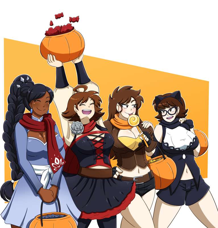 4girls ahoge black_hair blake_belladonna_(cosplay) blush breasts brown_eyes brown_hair brown_skin cleavage costume emie_(kobi) female female_only glasses halloween hi_res hotpants kobi-tfs kobi_(kobi) large_breasts long_hair navel ponytail ruby_rose_(cosplay) rwby simple_background valerie_(kobi) weiss_schnee_(cosplay) wide_hips yang_xiao_long_(cosplay)