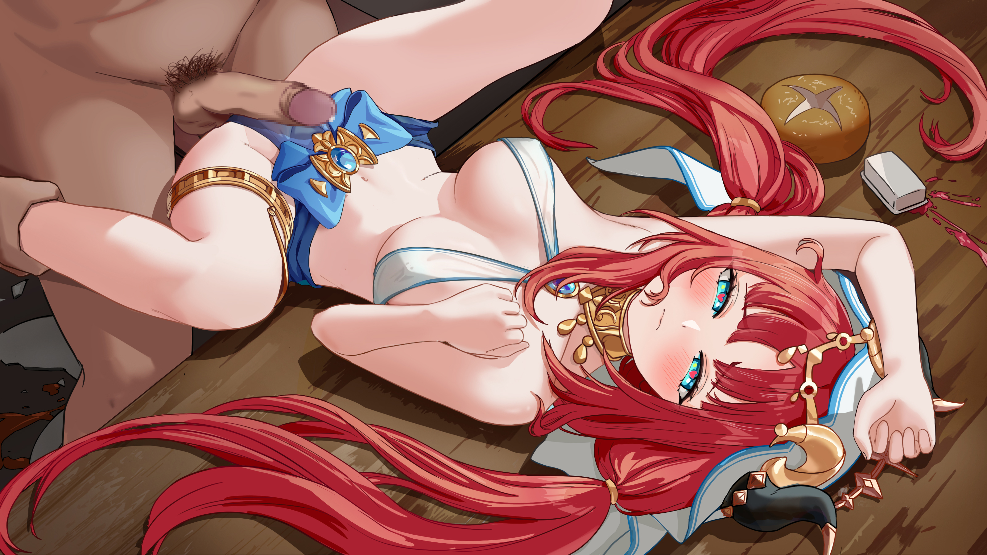 1boy, 1girls, belly dancer, belly dancer outfit, blue eyes, blush, bread, breasts, erection, female, food, genshin impact, heart-shaped pupils, imminent sex, looking at viewer, lying, male, nilou (genshin impact), on table, penis, red hair, spill, spilled drink, spread legs, table
