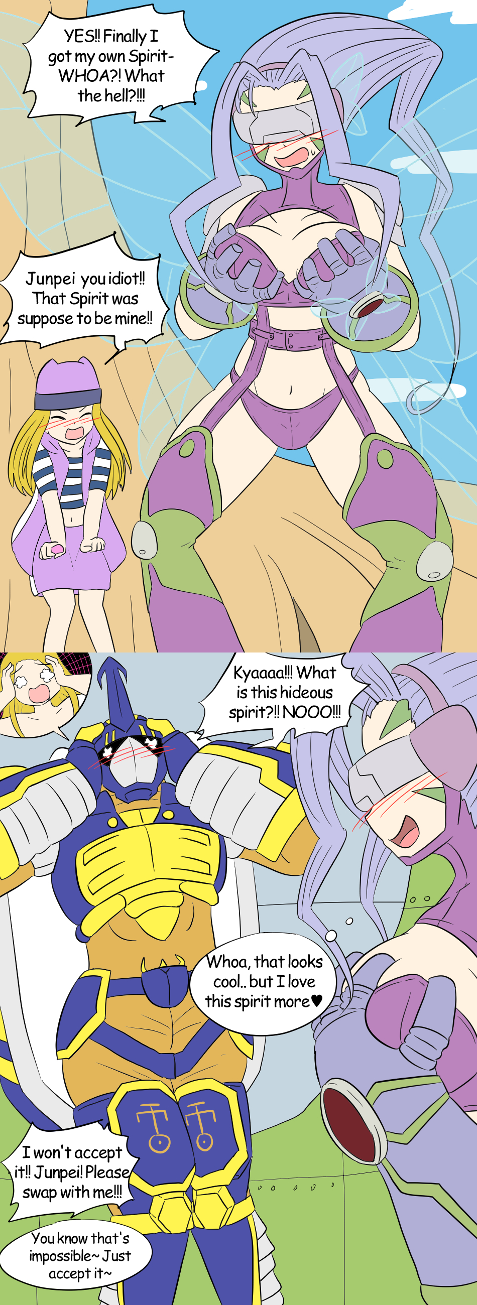 1boy 2girls 4_wings armor armored_boots armored_gloves bandai_namco beetlemon blitzmon blonde_hair blush blush_lines blushing body_swap breast_plate breasts clothed clothing digimon digimon_(species) digimon_frontier fairimon fairy fairy_wings fairymon female gloves groping_breasts groping_own_breast groping_own_breasts hat human izumi_orimoto junpei_shibayama kazemon long_hair male navel normal_breasts panties purple_hair purple_hat purple_panties purple_skirt shirt skirt speech_bubble text text_bubble tsfbunnyboy visor wings zoe_orimoto