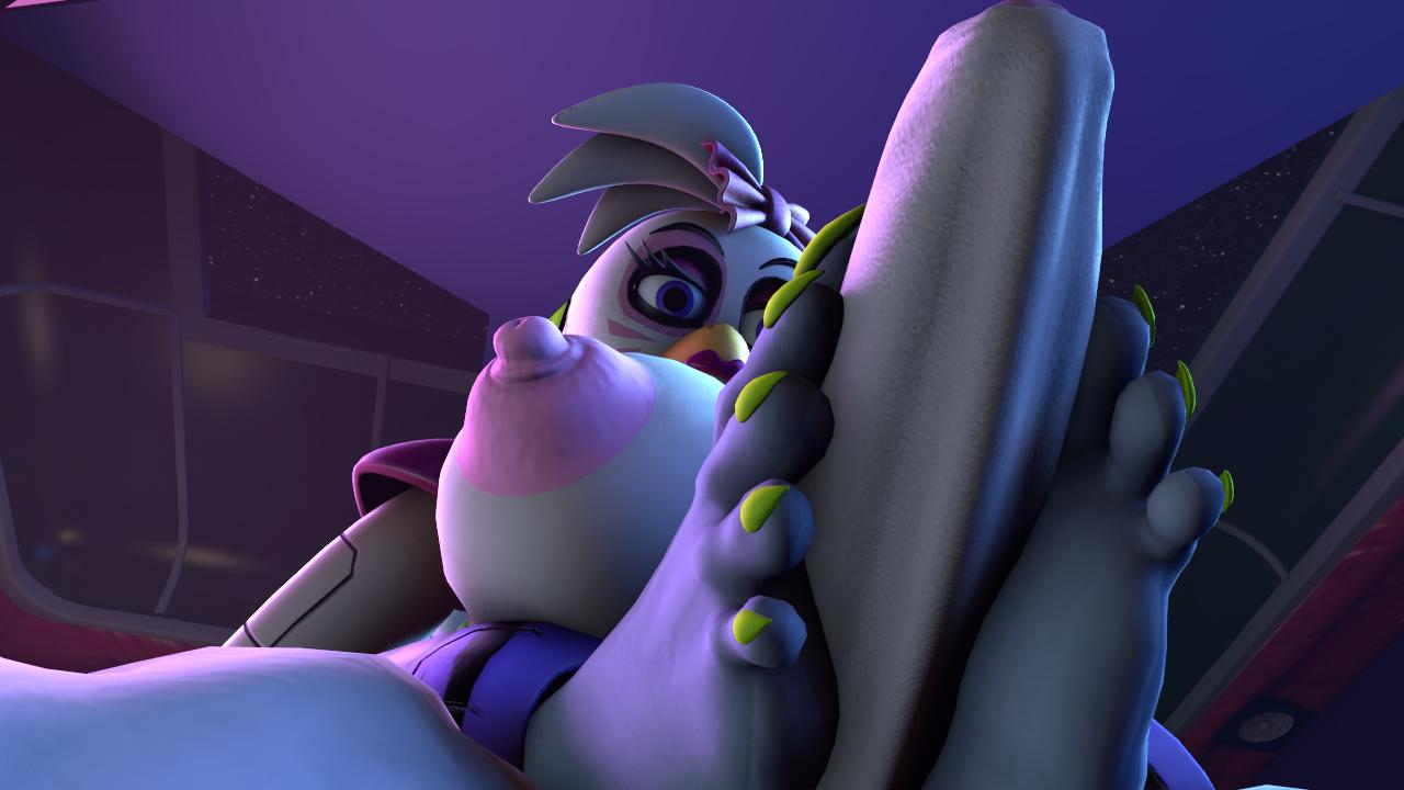 2futas, 3d, 3d (artwork), balls, barefoot, breasts, feet, feet together, five nights at freddy's, five nights at freddy's: security breach, foot fetish, foot focus, footjob, footjob from behind, foreskin, futa on futa, futa only, futanari, glamrock chica (fnaf), intersex, penis, rayhuma, roxanne wolf (fnaf), toe claws, toes, uncircumcised