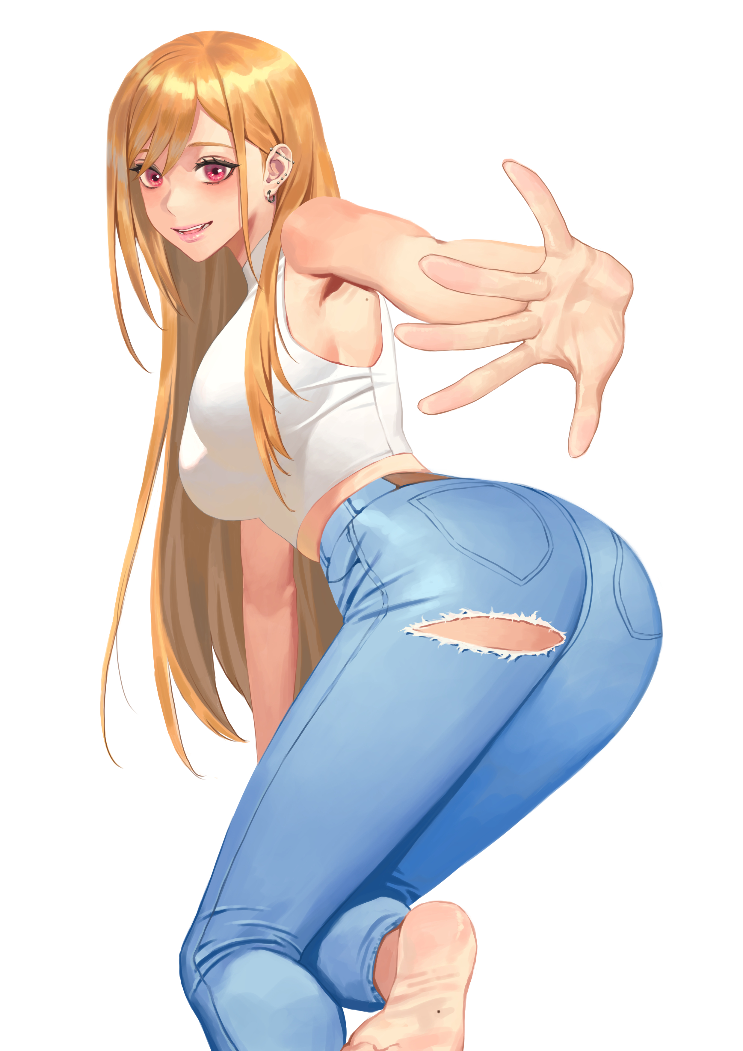 1girls, 2022, absurdres, alternate costume, ass, bangs, barbell piercing, barefoot, blonde hair, breasts, denim, ear piercing, earrings, feet, female, gradient hair, gyaru, halterneck, highres, hongcasso, jeans, jewelry, kitagawa marin, long hair, medium breasts, pants, piercing, red eyes, soles, solo, sono bisque doll wa koi wo suru, swept bangs, torn clothes
